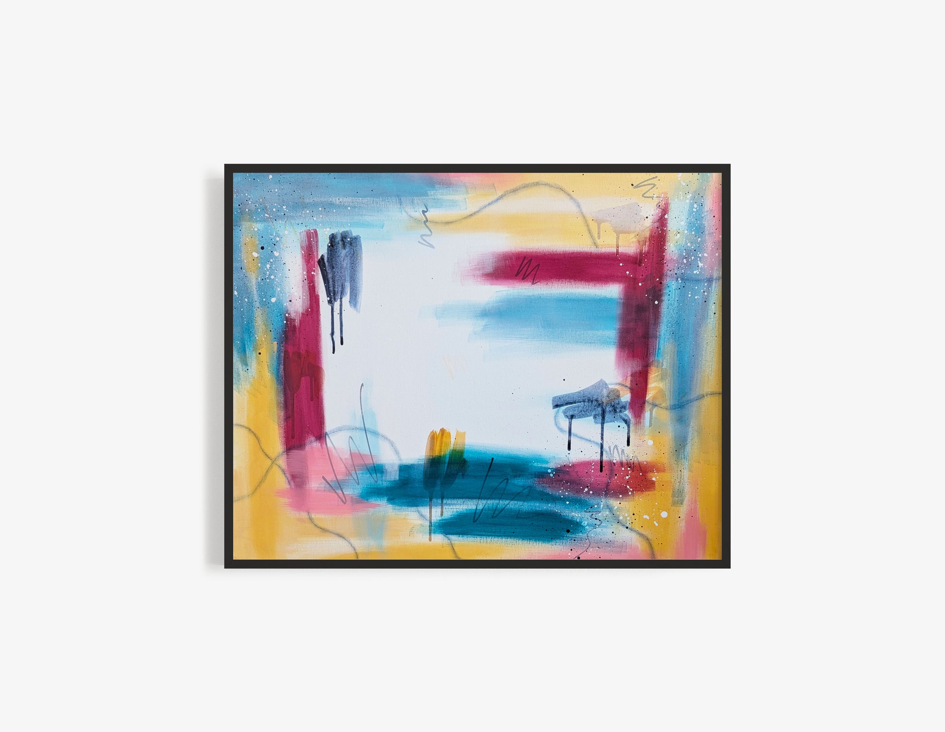 Bright Horizons by Abby May, framed original abstract acrylic painting with soft blue, pink, yellow, and white tones