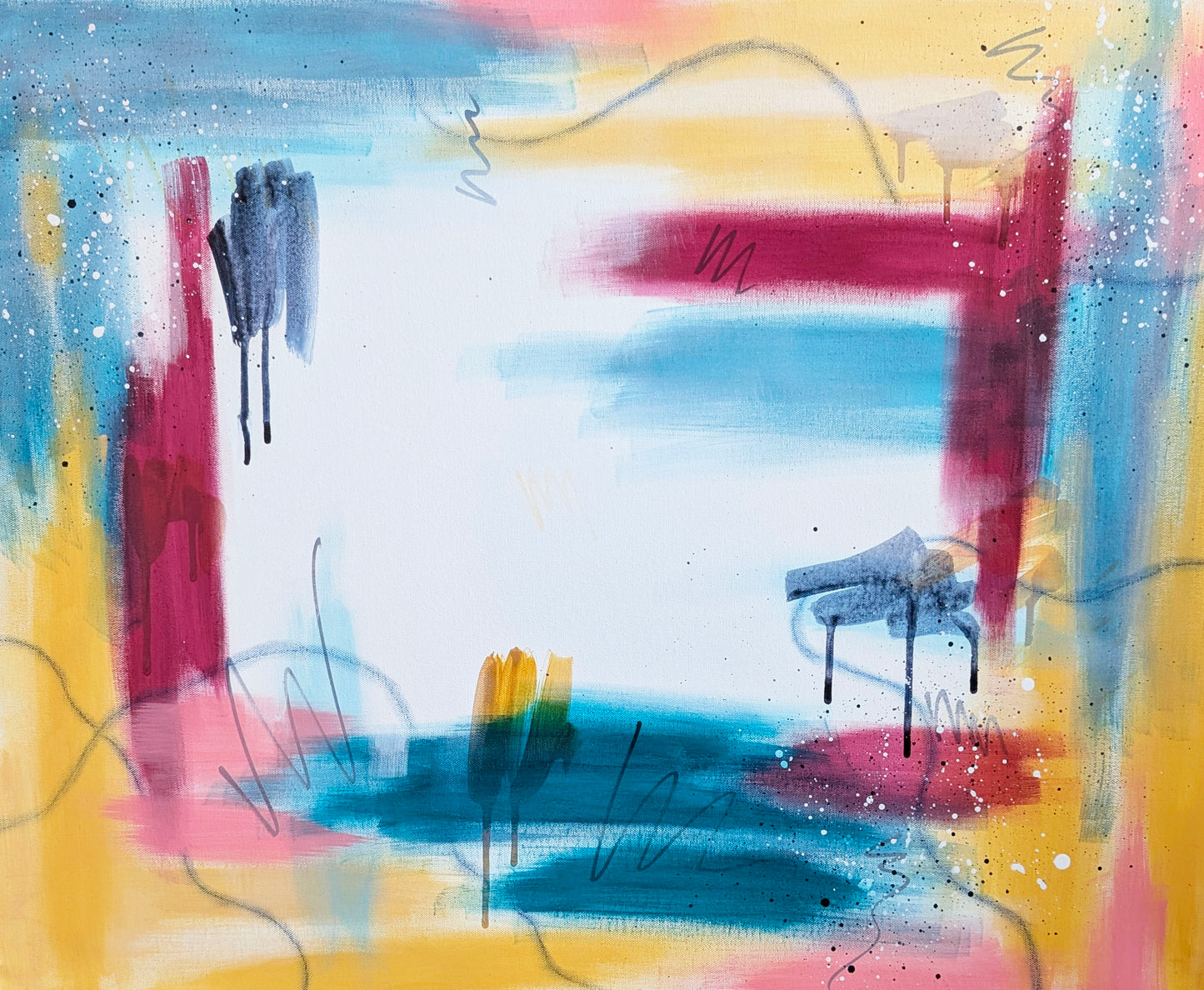 Bright Horizons, an original abstract acrylic painting by Abby May with layered turquoise, pink, yellow, and soft neutral tones
