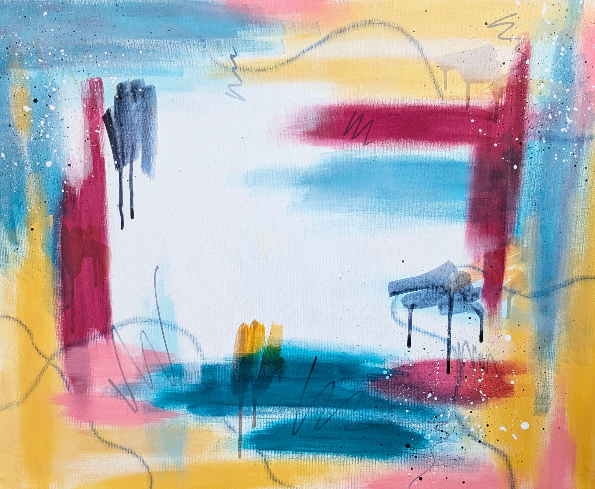 Bright Horizons, an original abstract acrylic painting by Abby May with layered turquoise, pink, yellow, and soft neutral tones