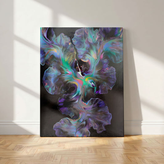 Celestial Dance, an original fluid painting by Abby May, deep purple with turquoise, pink, and gold, shown straight on in a room.