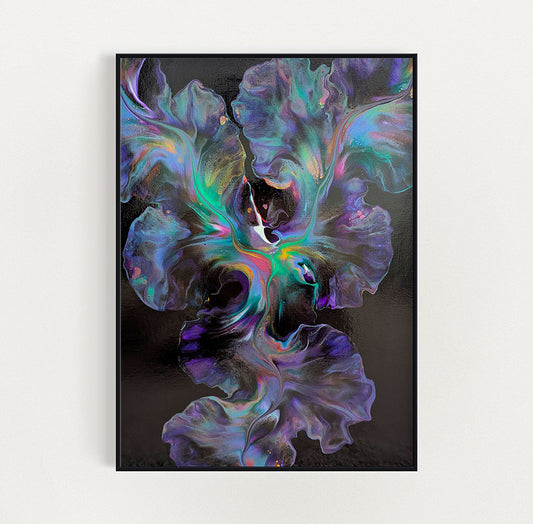 A mesmerizing abstract fluid painting titled 'Celestial Dance,' featuring a deep purple background with swirls of cool green and purple hues. Delicate cells and flowing movement evoke the beauty of cosmic lights dancing in the night sky