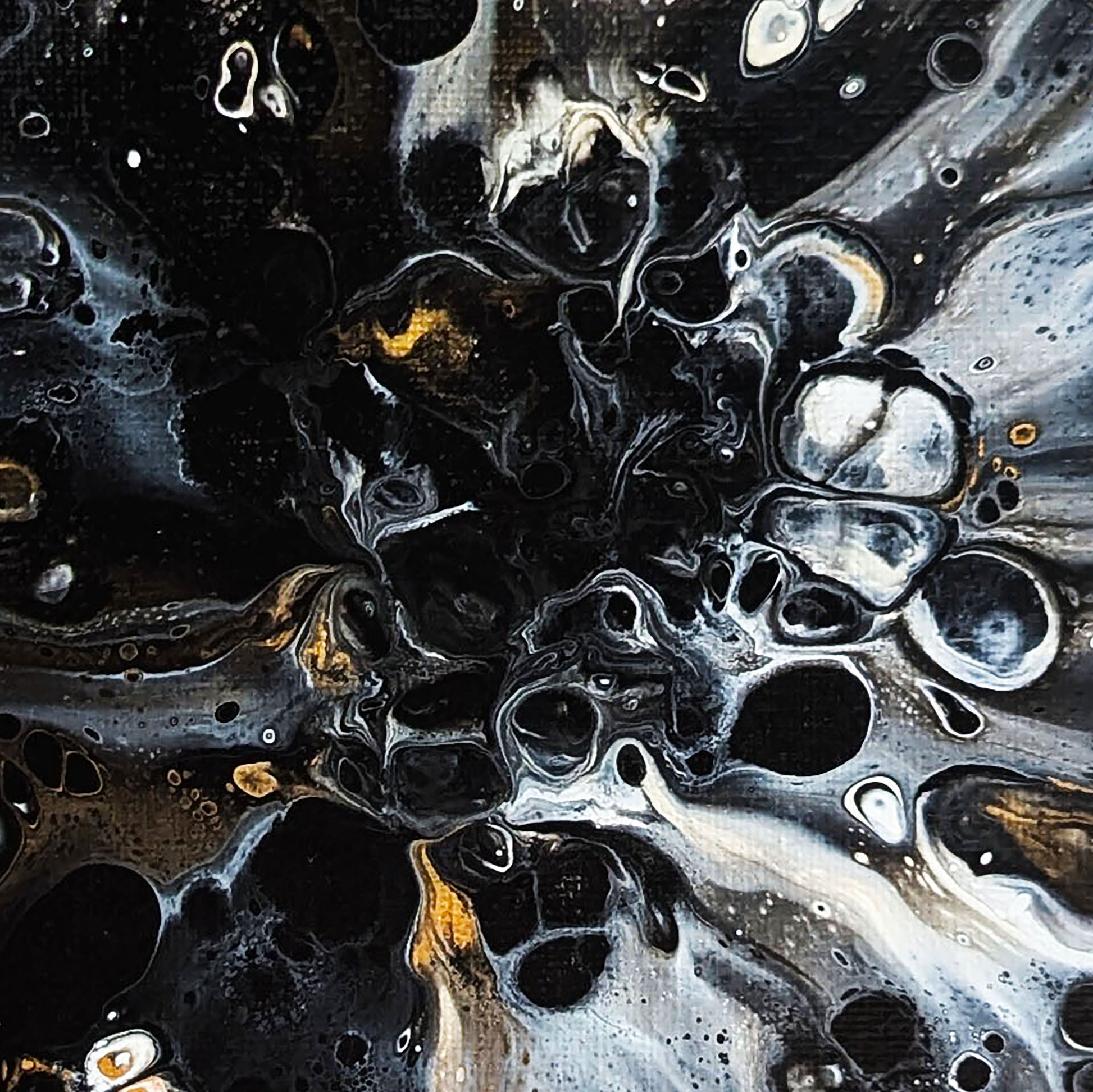 Close-up detail of Abby May’s abstract painting Charm, featuring swirling black and metallic gold forms that converge into a dark, textured center.