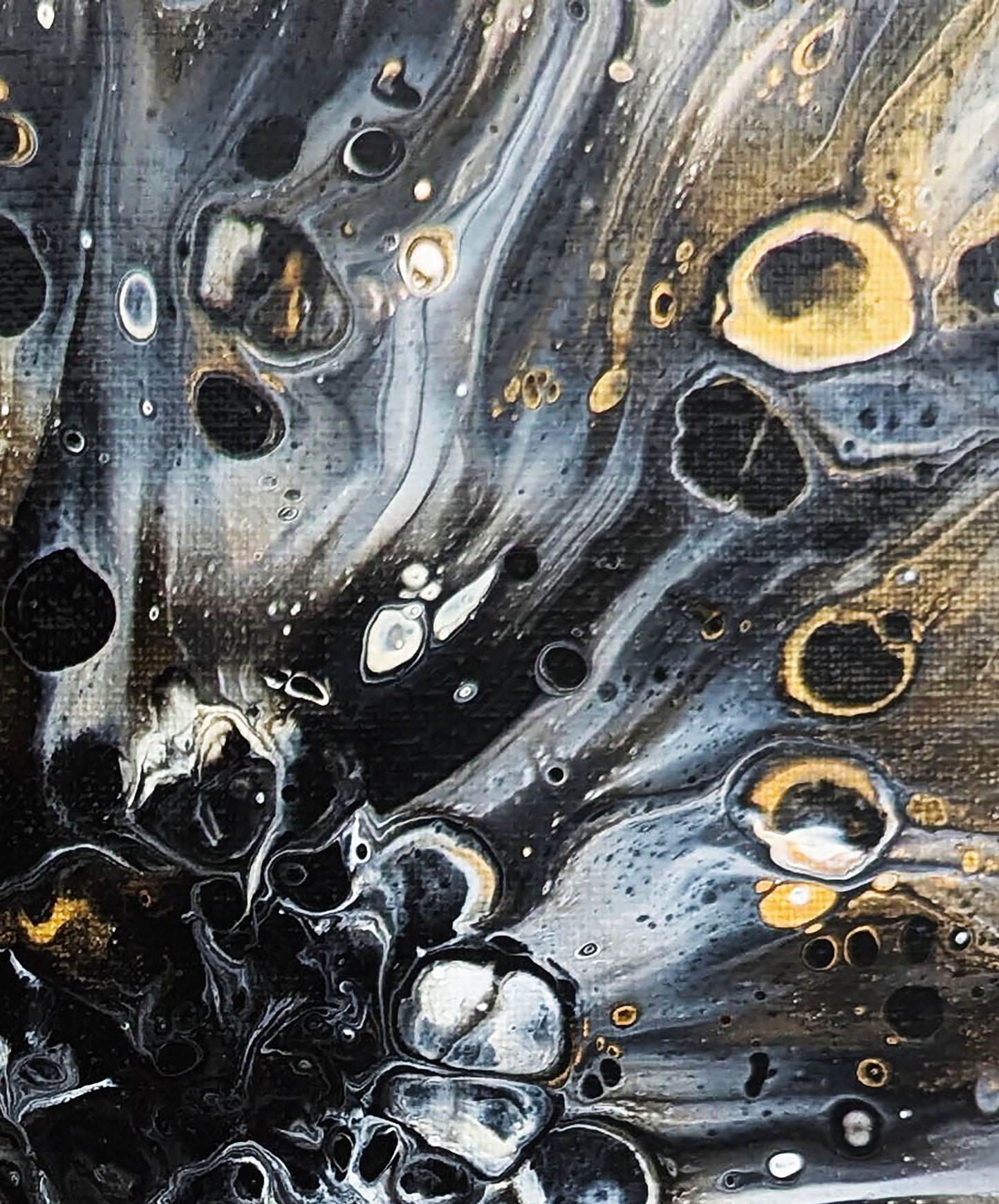 Abstract close-up from Charm revealing the interplay of glossy black, gold, and gray tones with delicate lacing patterns and organic depth