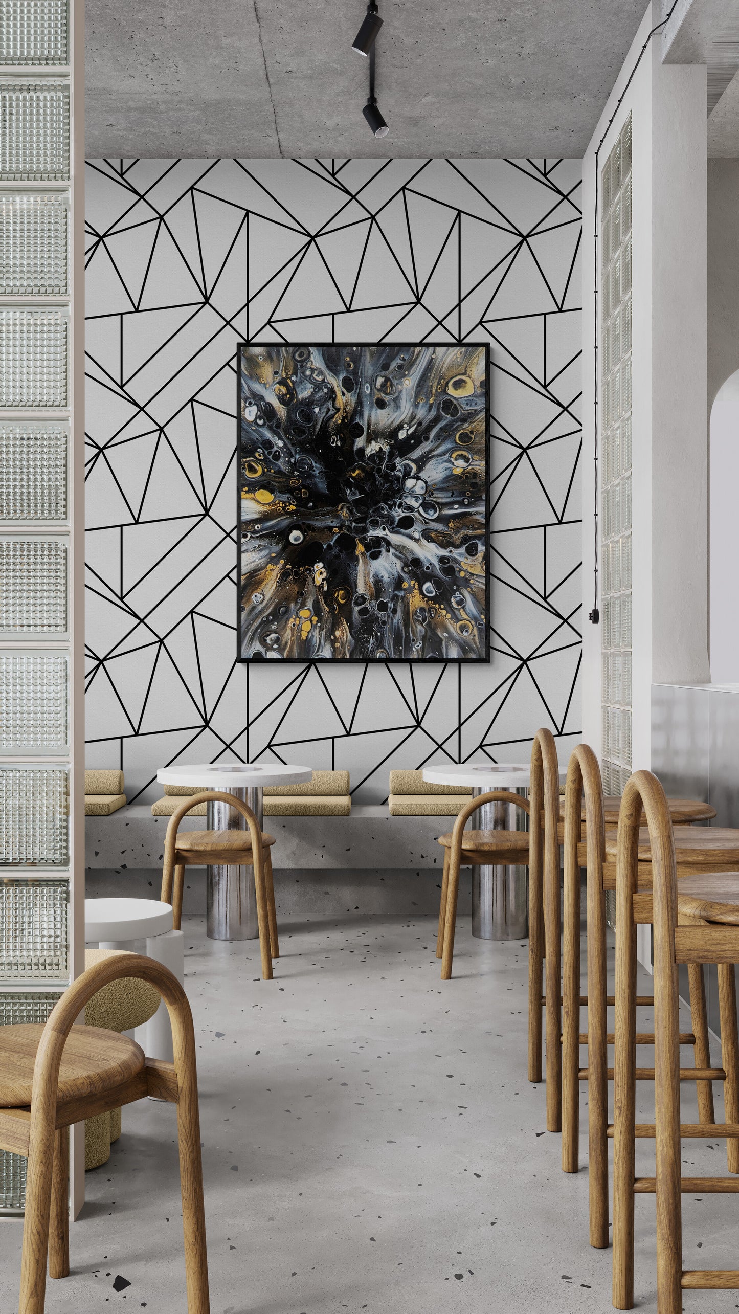 Charm by Abby May displayed in a modern café-style space with geometric wall patterns and wooden seating. The painting’s metallic tones bring bold sophistication to the room.