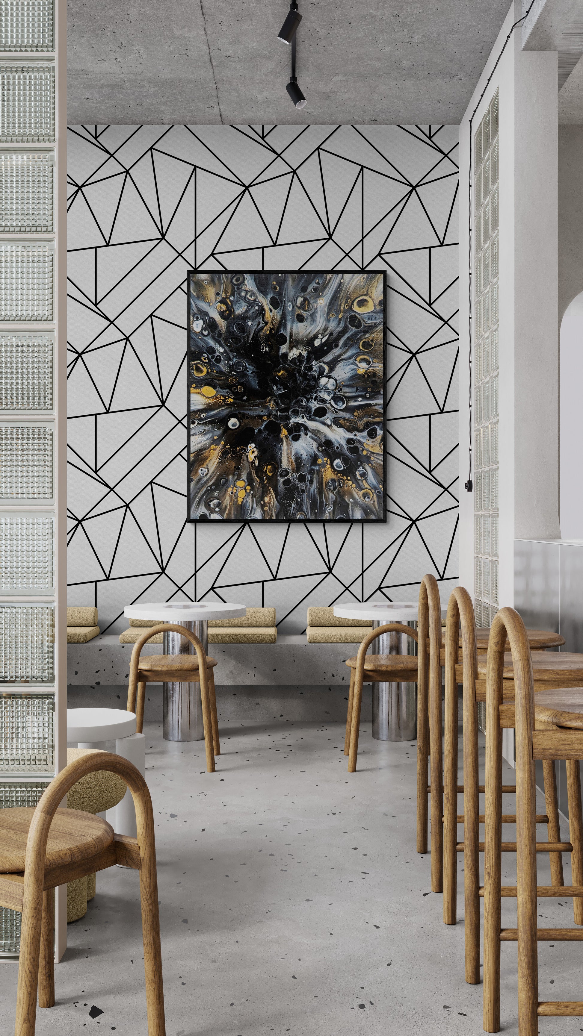 Charm by Abby May displayed in a modern café-style space with geometric wall patterns and wooden seating. The painting’s metallic tones bring bold sophistication to the room.