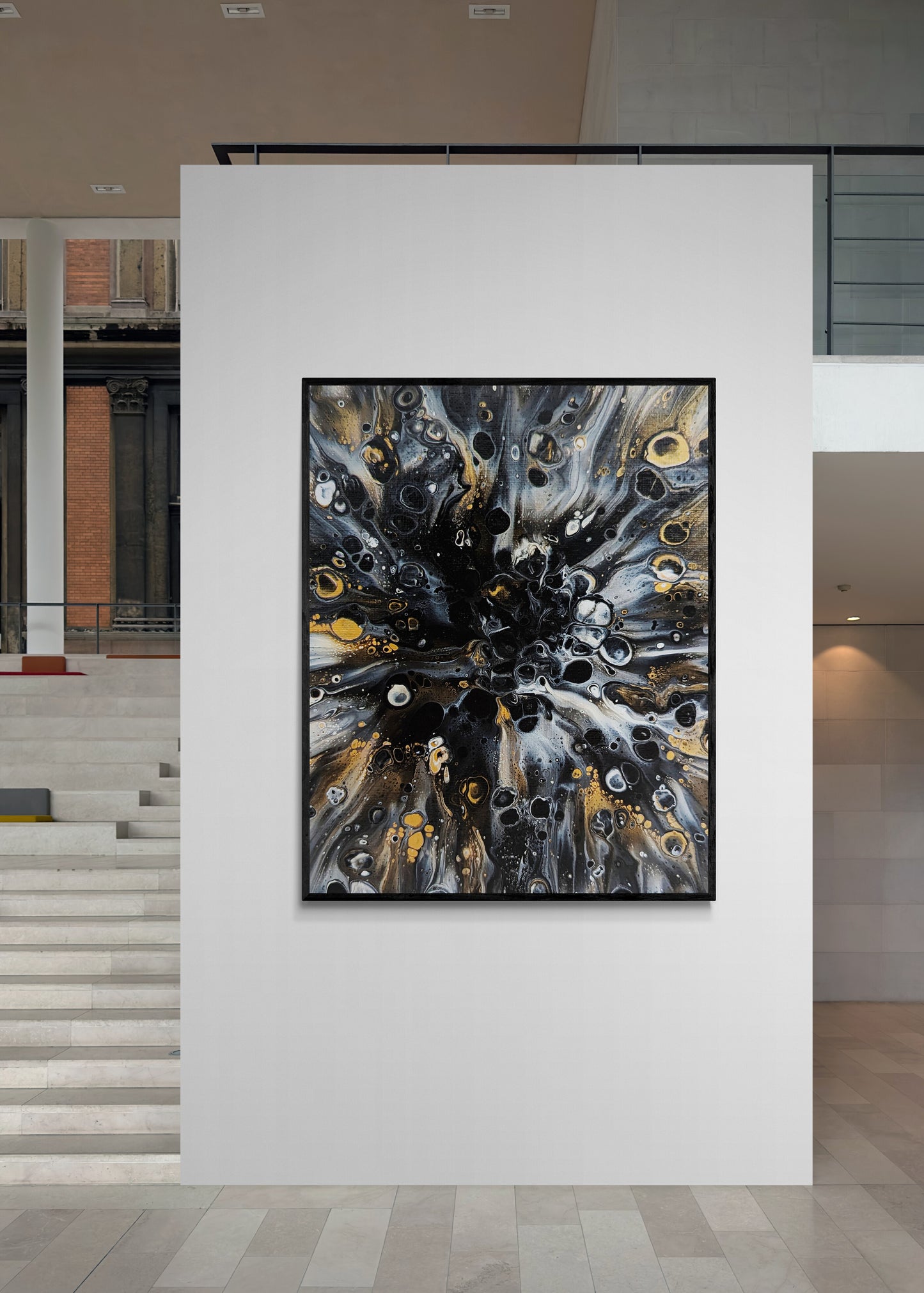Abby May’s Charm displayed in a contemporary gallery space with tall ceilings and marble floors. The bold black and gold composition commands attention as a statement piece.
