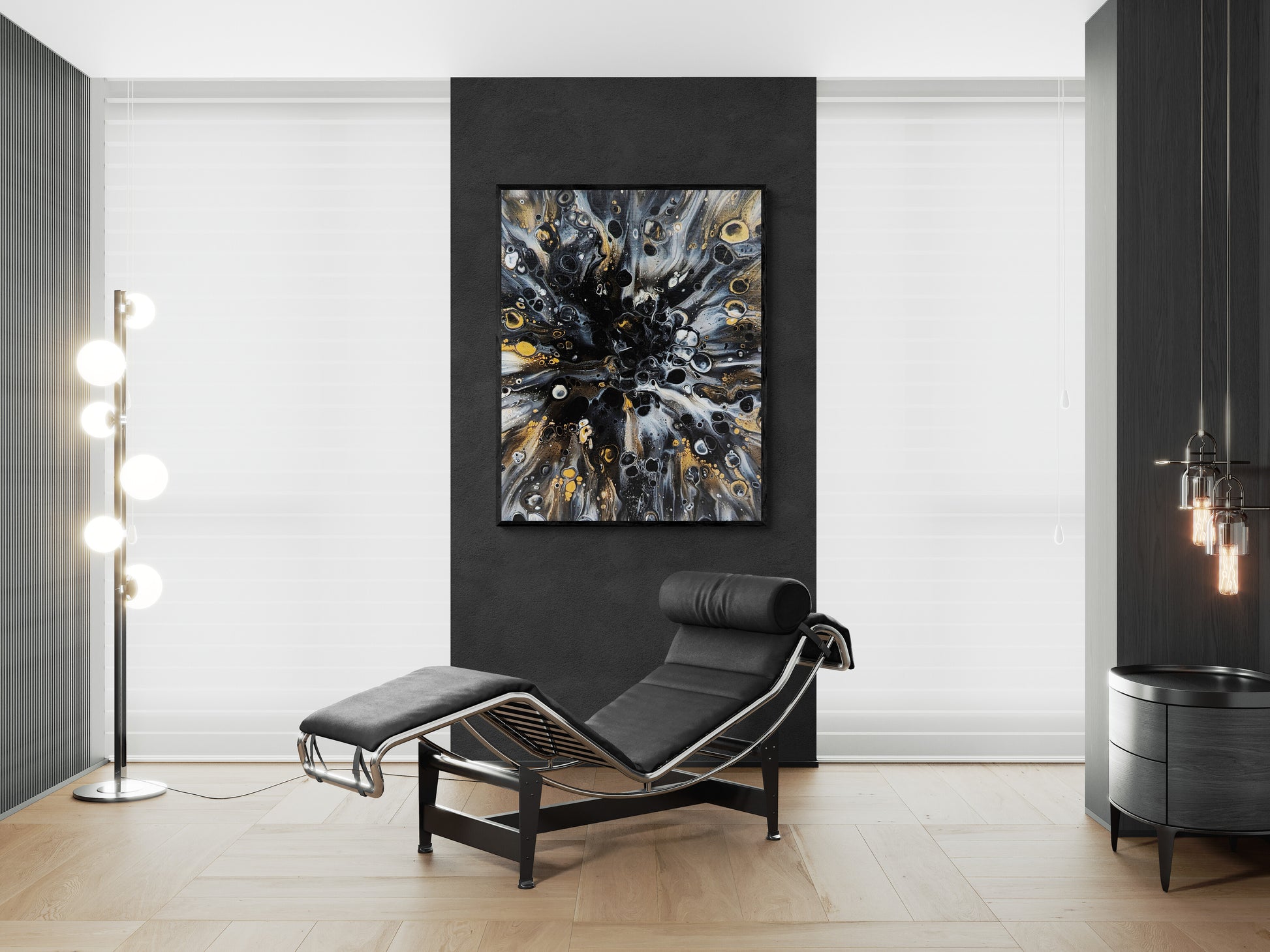 Abby May’s Charm painting featured in a sleek, monochrome lounge with a black recliner and modern lighting. The artwork’s flowing gold and gray tones create a dramatic focal point.