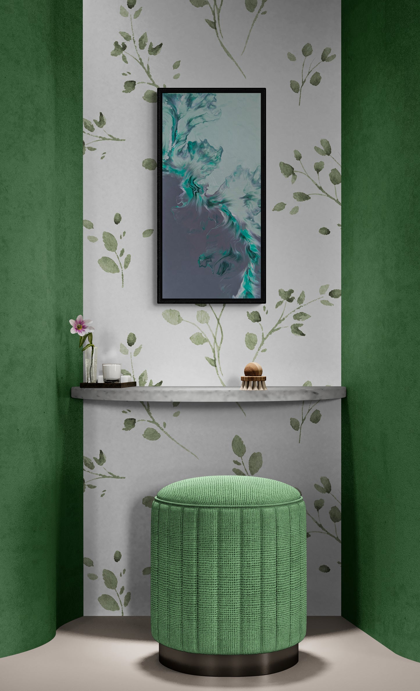 Climbing fluid art painting framed in black, styled in a cozy green and white nook with leafy wallpaper, a green upholstered stool, and minimal decorative accents.