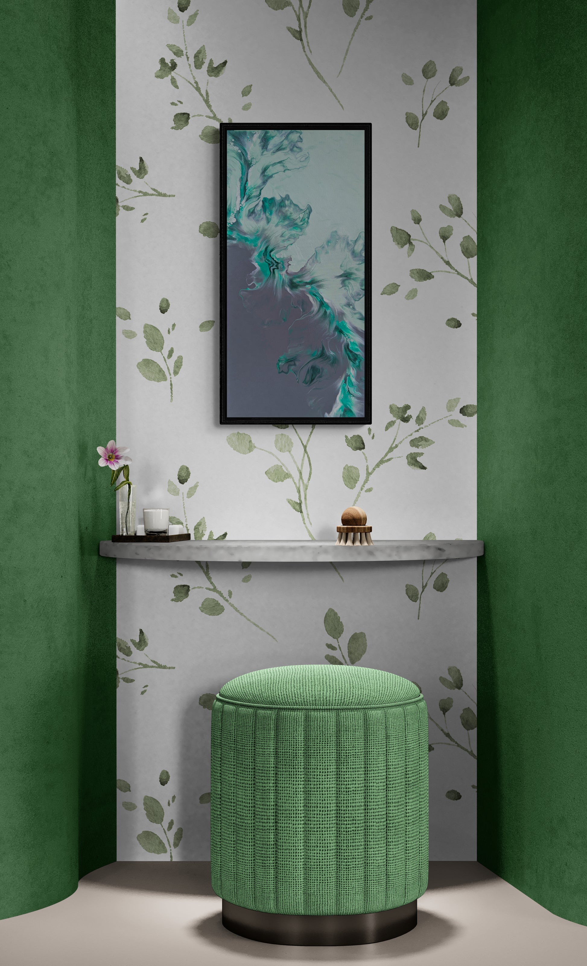 Climbing fluid art painting framed in black, styled in a cozy green and white nook with leafy wallpaper, a green upholstered stool, and minimal decorative accents.