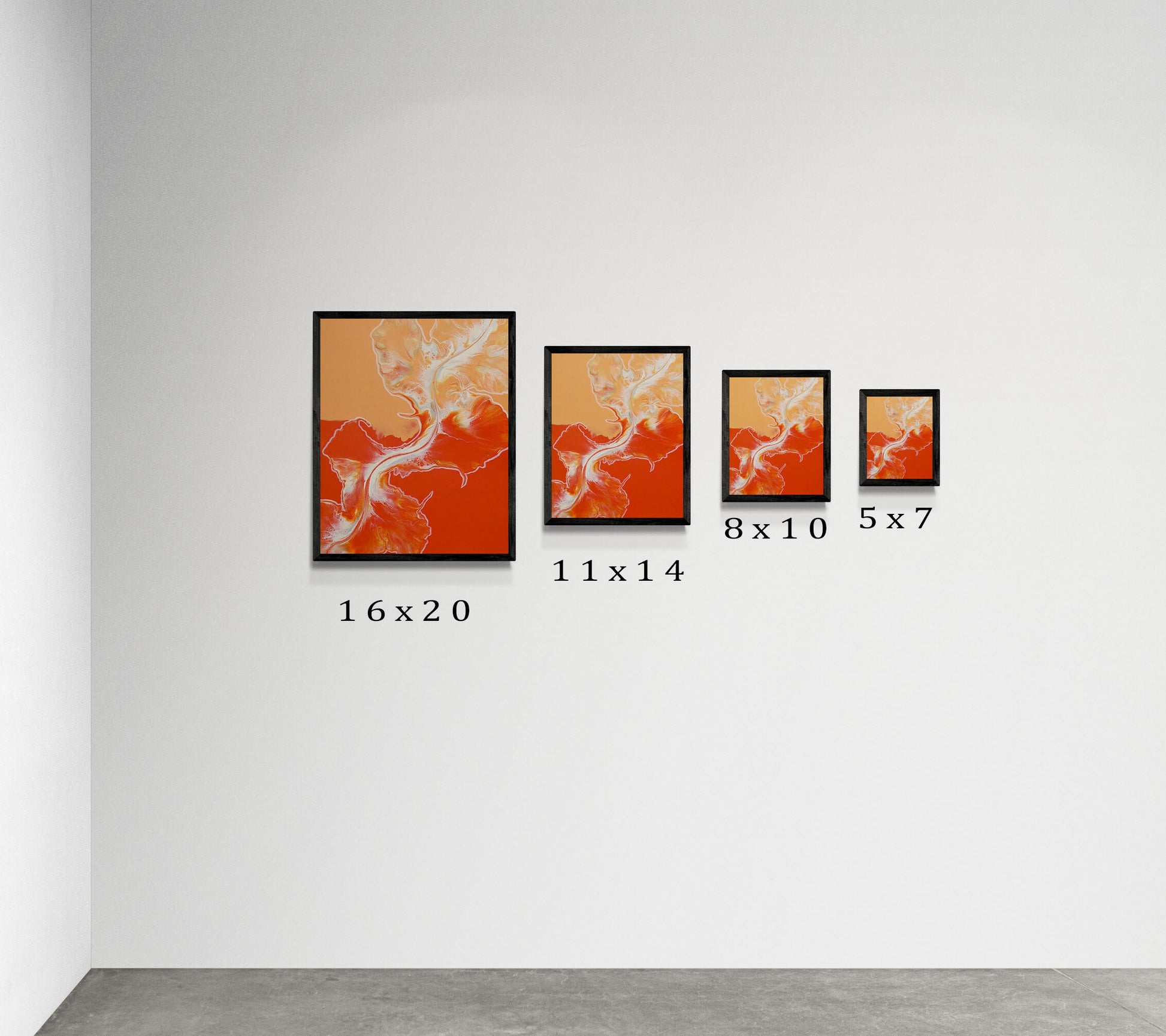 Side-by-side comparison of Abby May Art’s painting “Cross the Line” in four print sizes—16x20, 11x14, 8x10, and 5x7—each displayed in a black frame on a minimalist white wall. The artwork features flowing orange, peach, and white abstract shapes. Each size is labeled beneath the frame to help customers visualize scale and choose the right print for their home.
