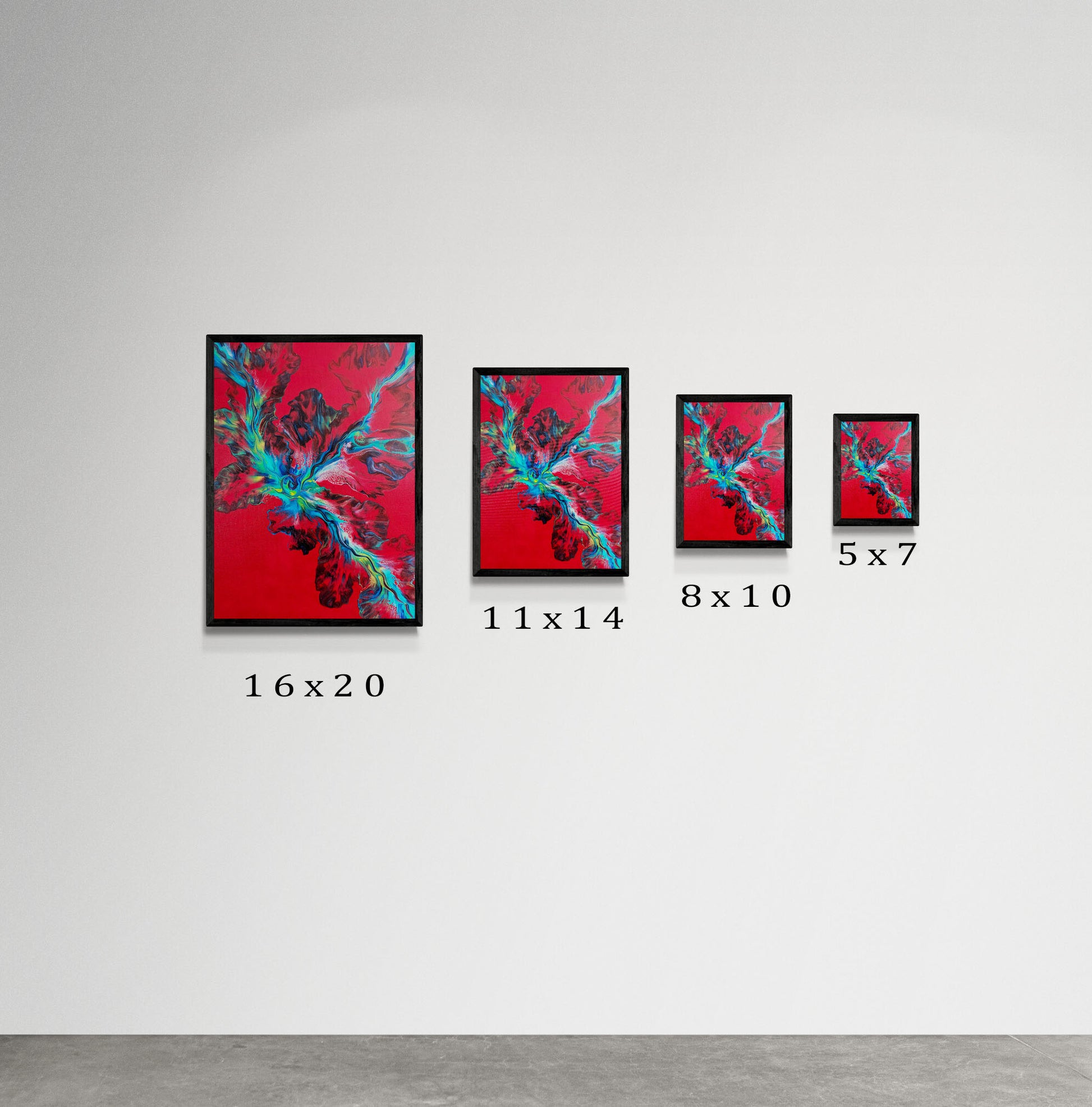 Size comparison of Abby May Art’s “Elemental Surge” in four print sizes—16x20, 11x14, 8x10, and 5x7—each in a black frame on a white gallery-style wall. The artwork has a vivid red base with swirling teal and blue fluid patterns. Size labels below help visualize scale.