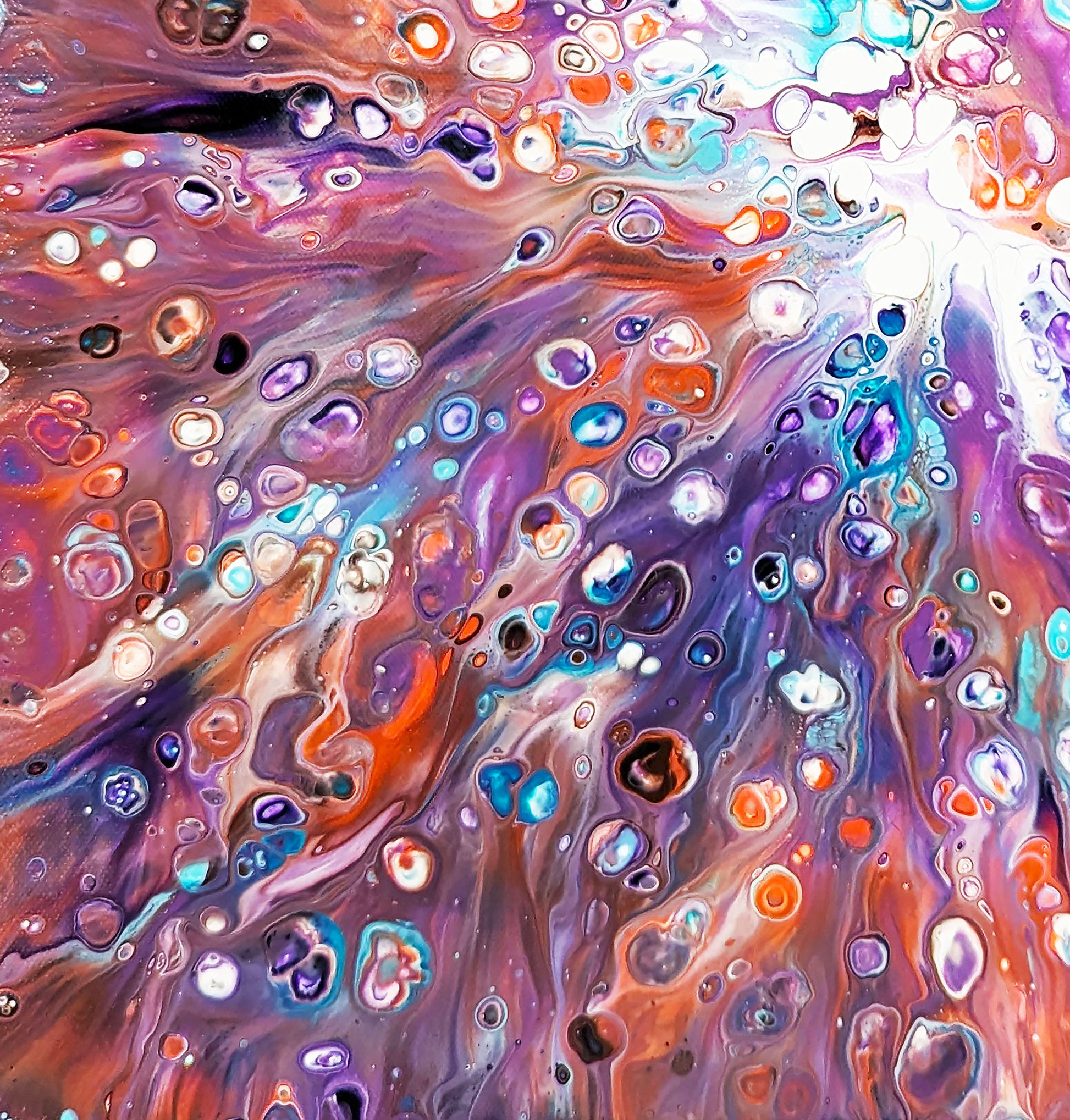 Detailed section of Elusive Kitsune fluid art, showcasing swirling violet, copper, and aqua tones with luminous highlights