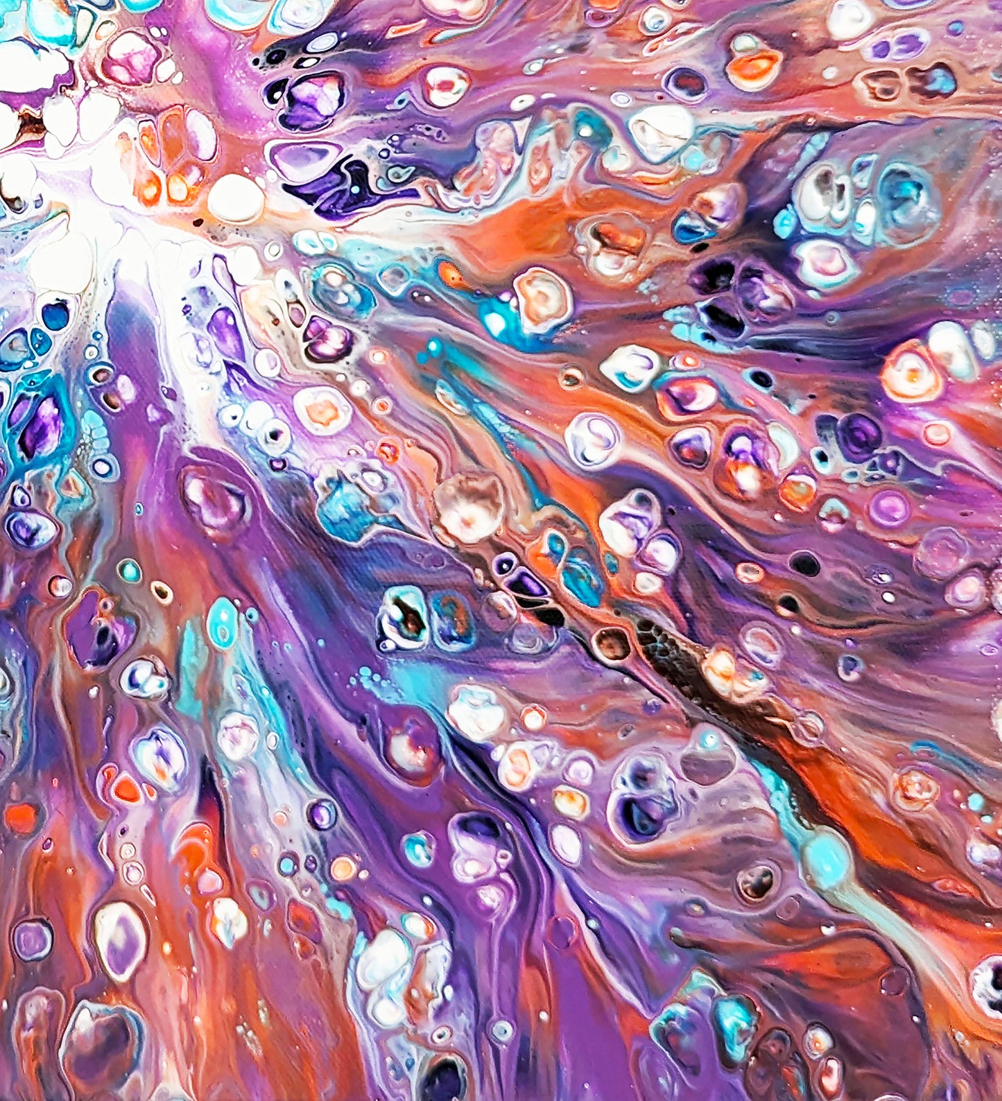Macro view of Elusive Kitsune abstract painting, emphasizing bold purple and orange blends with shimmering teal accents.