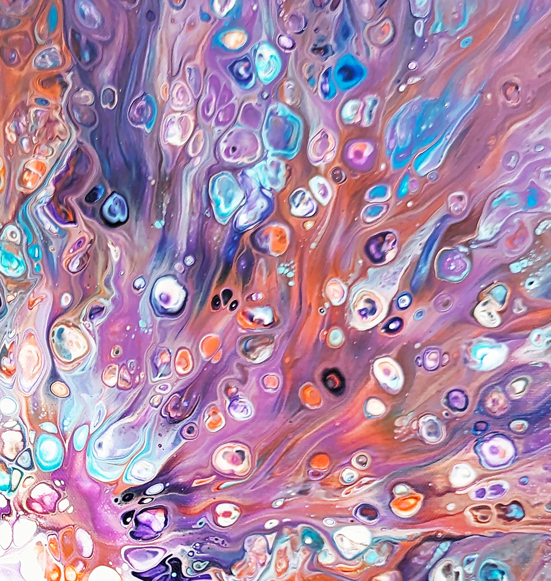 Close-up crop of Elusive Kitsune fluid acrylic artwork, displaying layered paint cells in warm and cool tones.