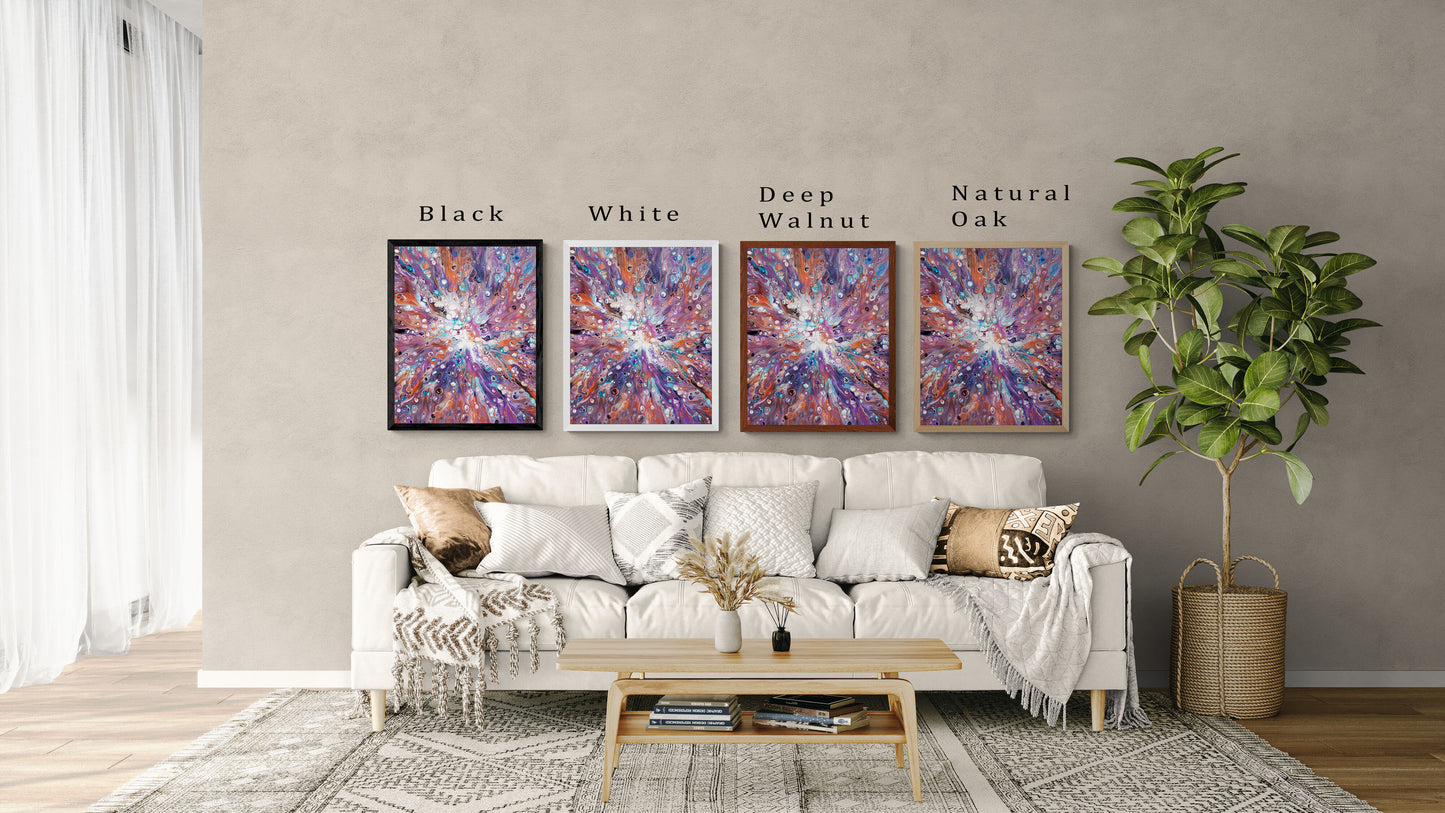A cozy neutral-toned living room displays four versions of the same mystical abstract painting above a cream sofa. The artwork features swirling purples, oranges, and blues with fox-like, ethereal movement. Each print is shown in a different frame option—Black, White, Deep Walnut, and Natural Oak—allowing a side-by-side comparison of how the colors interact with each frame.