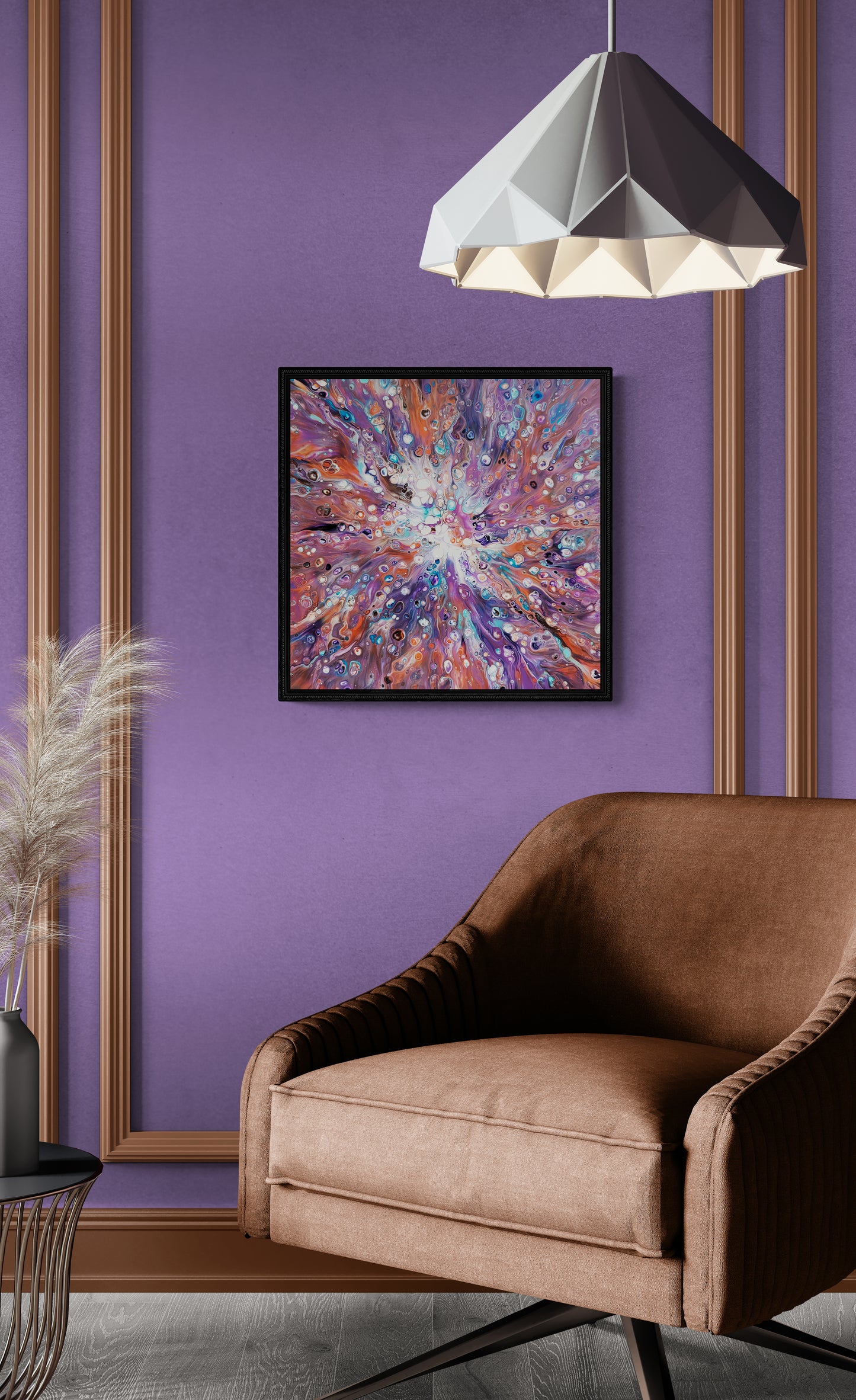 Elusive Kitsune fluid art painting framed in black, styled in a cozy reading nook with deep violet walls, an earthy brown chair, and modern lighting.