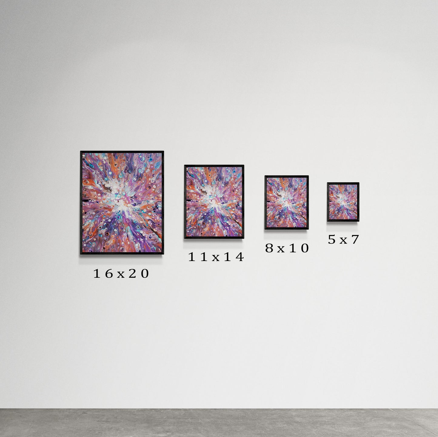A minimalist gallery wall shows the Elusive Kitsune artwork in four print sizes: 16x20, 11x14, 8x10, and 5x7. All are framed in black, and the vibrant purple, orange, and blue abstract design radiates outward in a starburst pattern, displayed from largest to smallest left to right with size labels.