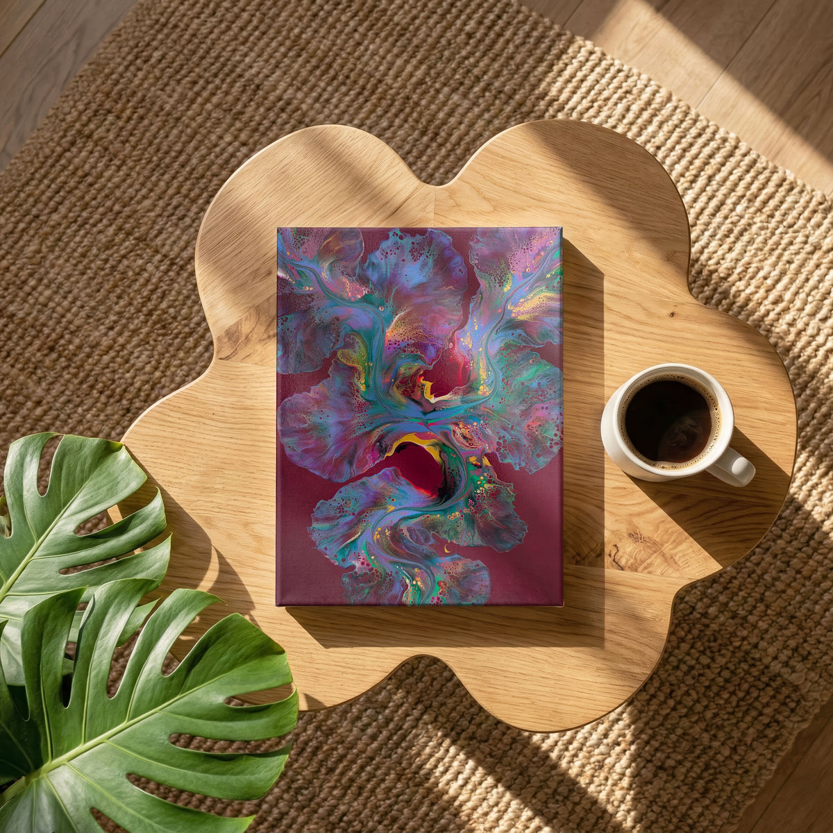 Ember Glow, an original fluid painting by Abby May, shown from above on a wood table beside a cup of coffee.