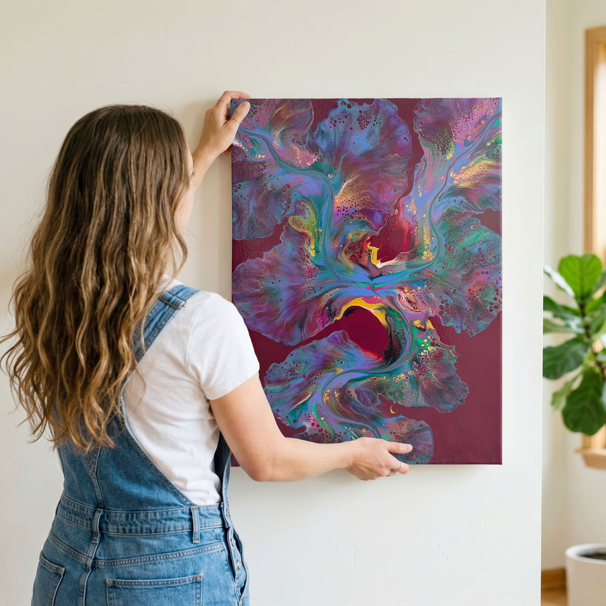 Ember Glow, an original fluid painting by Abby May, shown in a room while it is hung on the wall.