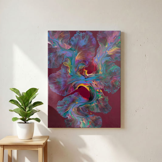 Ember Glow, an original fluid painting by Abby May, maroon with turquoise, lavender, and gold, shown straight on in a room beside a plant.