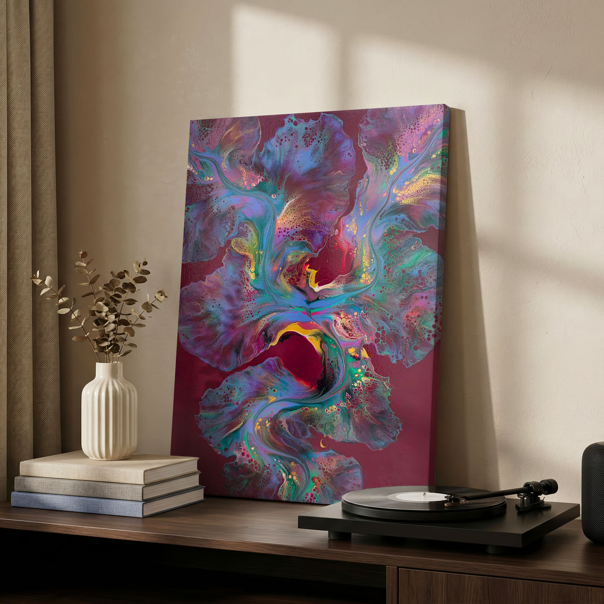 Ember Glow, an original fluid painting by Abby May, shown in a room on a wood shelf beside a record player.