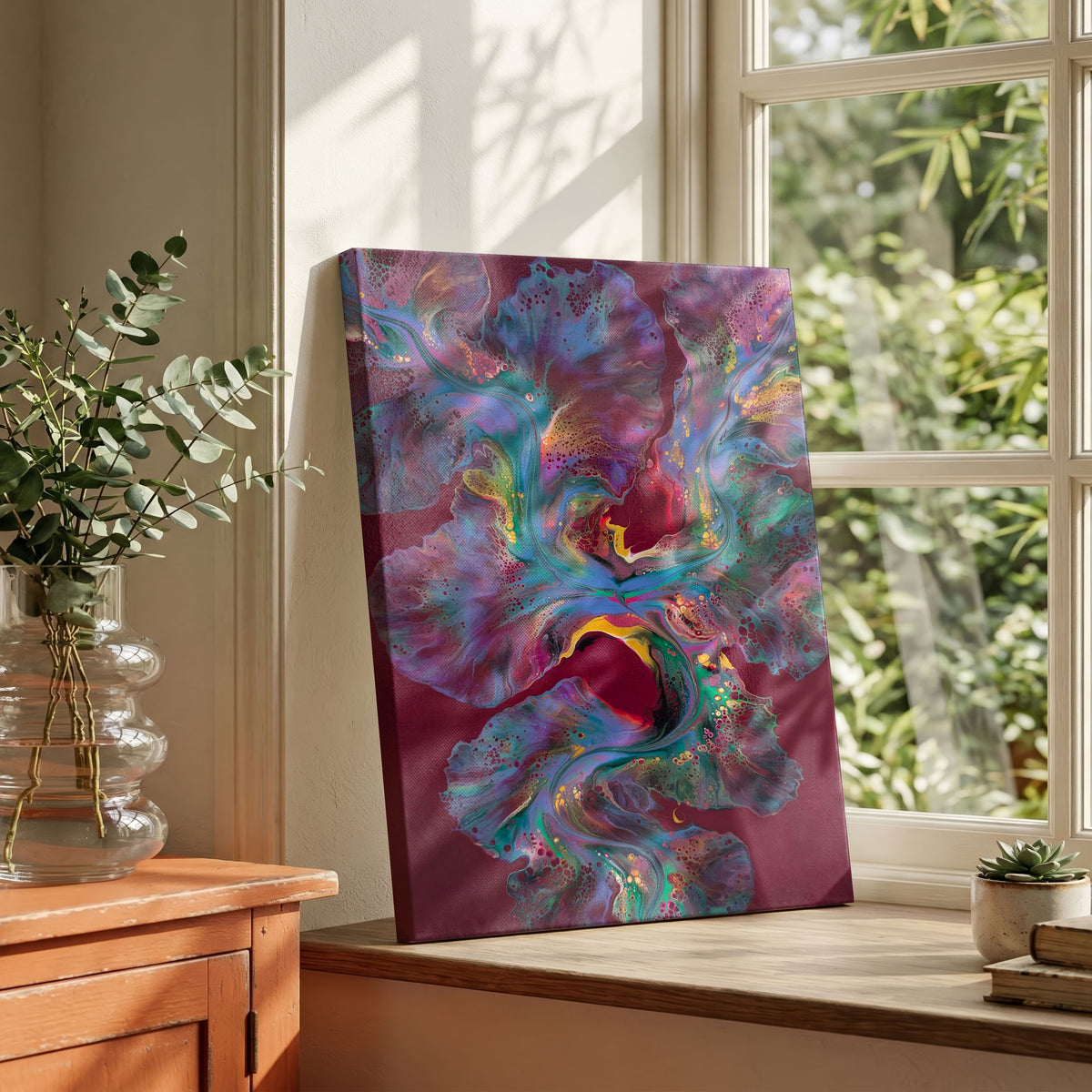 Angle view of Ember Glow, an original fluid painting by Abby May, shown in a room on a windowsill, with the canvas edge visible.