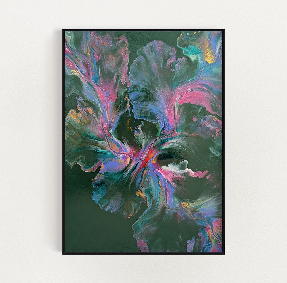 A dreamy abstract fluid painting titled 'Enchanted Sky,' showcasing a lush green background with soft blends of pinks and purples. The organic movement of color creates a magical and ethereal sky-like effect
