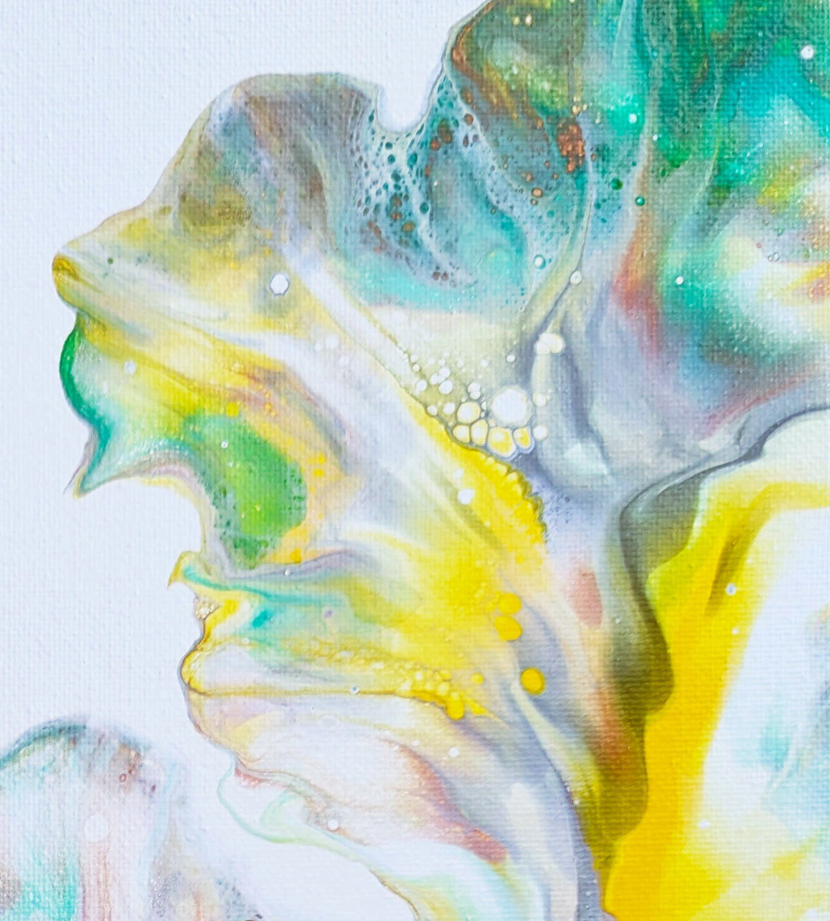 Close-up detail of First Daffodils of Spring abstract fluid art print, featuring soft blends of yellow, green, and teal with delicate cell patterns.