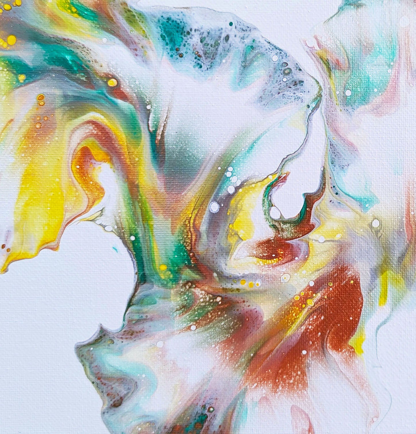 Macro detail of First Daffodils of Spring abstract artwork, highlighting vibrant teal, yellow, and rust hues with fluid marbling effects