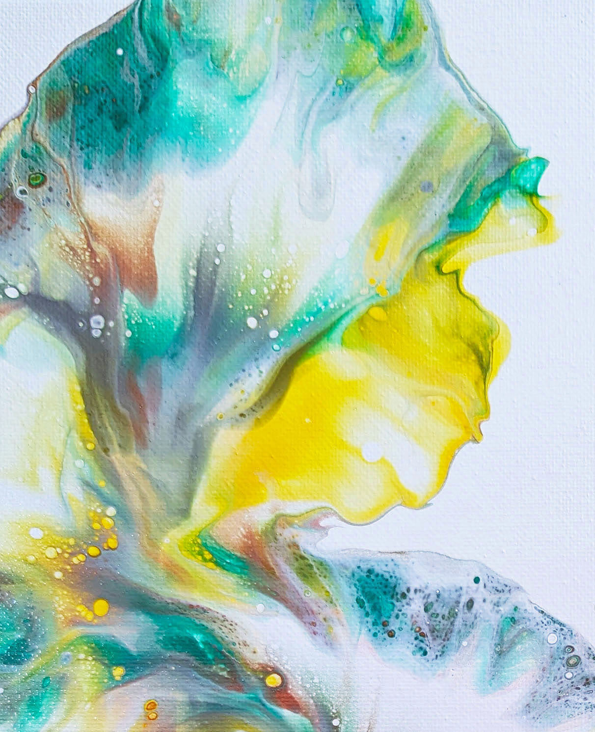 Close-up section of First Daffodils of Spring painting, with layered yellow, green, and aqua tones creating petal-like textures and depth