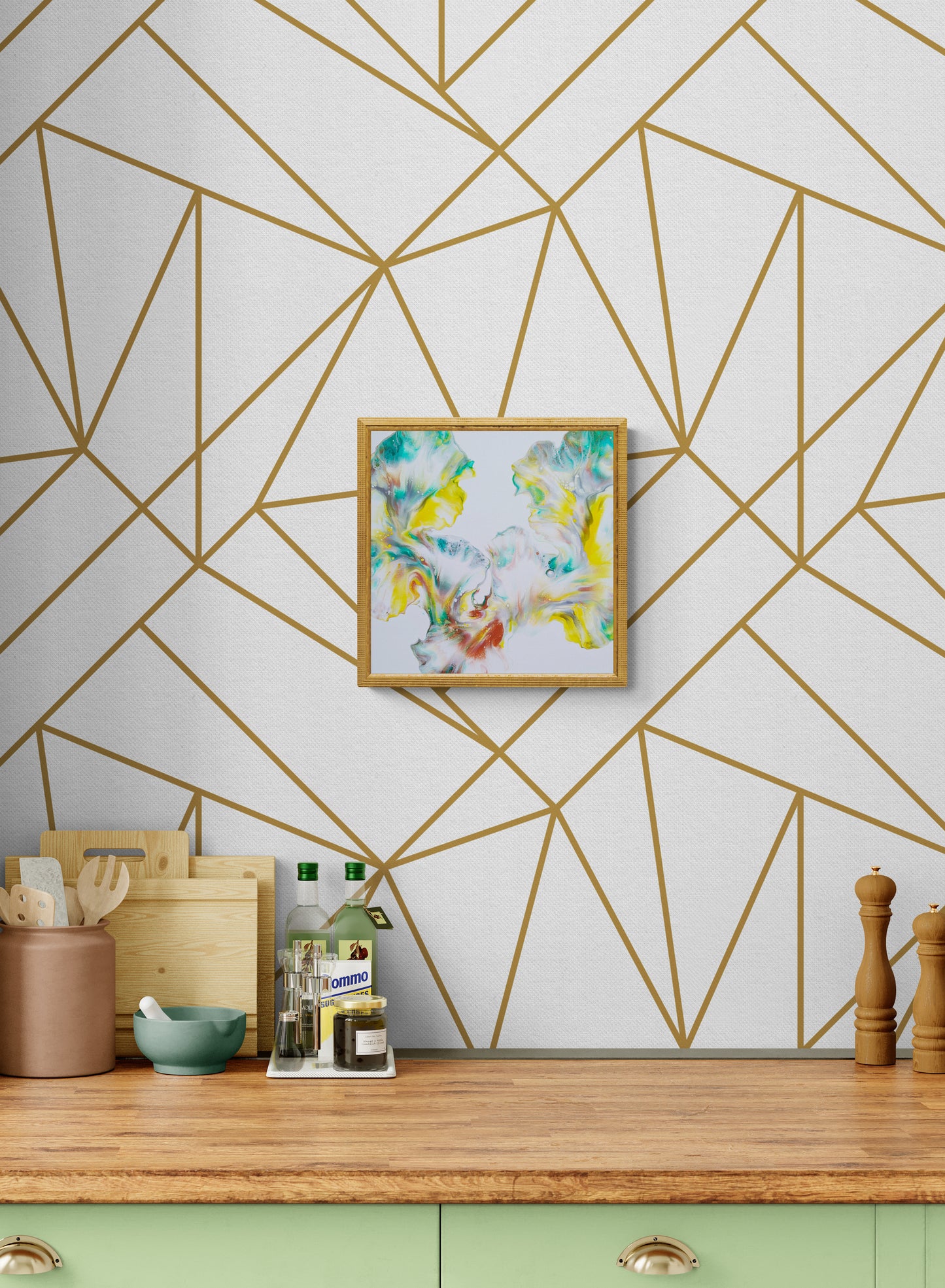 First Daffodils of Spring fluid art painting framed in light wood, styled above a kitchen counter with geometric gold wall design.