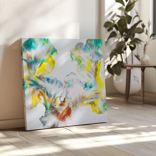 Angle view of First Daffodils of Spring, an original fluid painting by Abby May, shown in a room leaning against a wall, with the canvas edge visible.