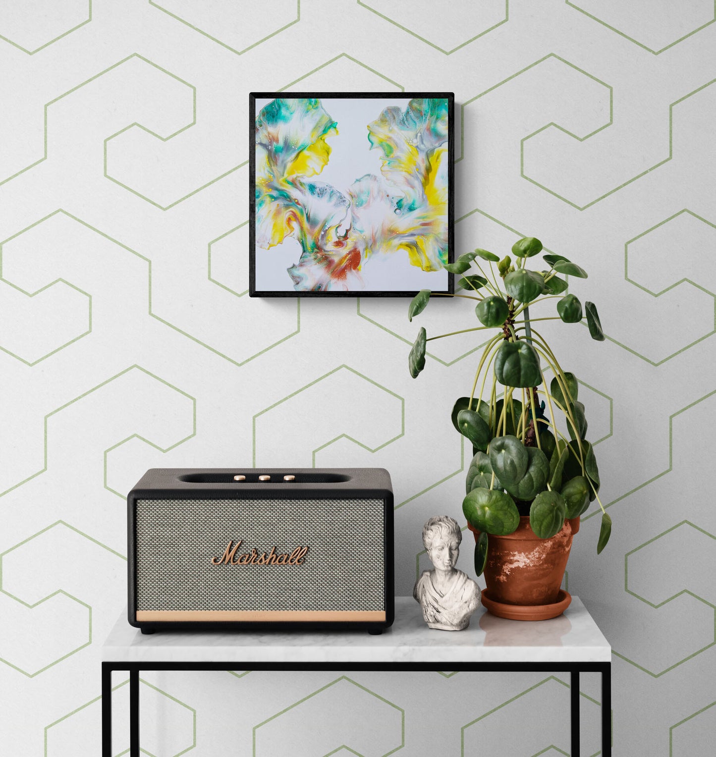 First Daffodils of Spring – abstract fluid art print in yellow, green, and white, framed wall decor above a console with plant and Marshall speaker.