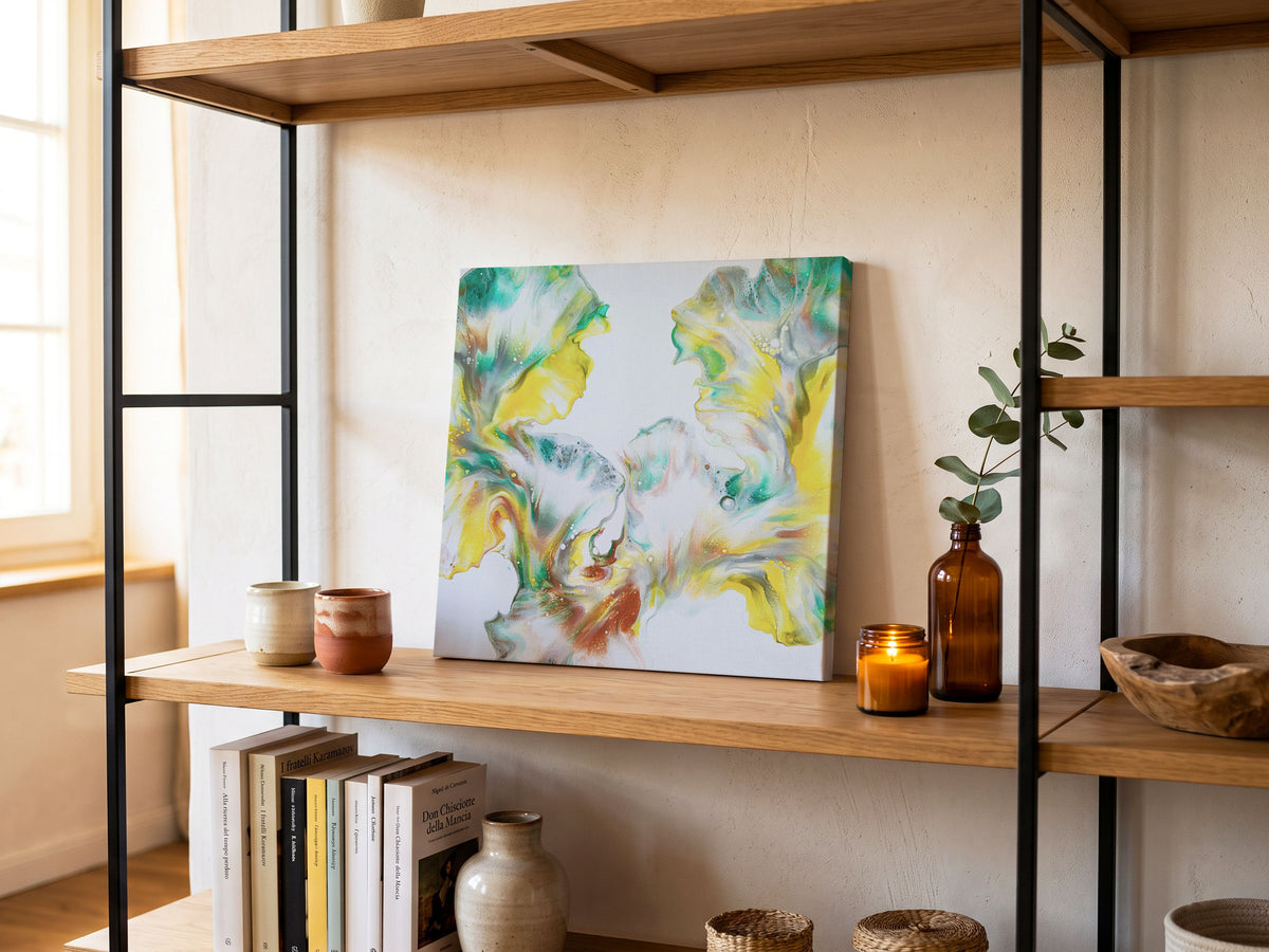 First Daffodils of Spring, an original fluid painting by Abby May, shown in a room on a wood shelf.