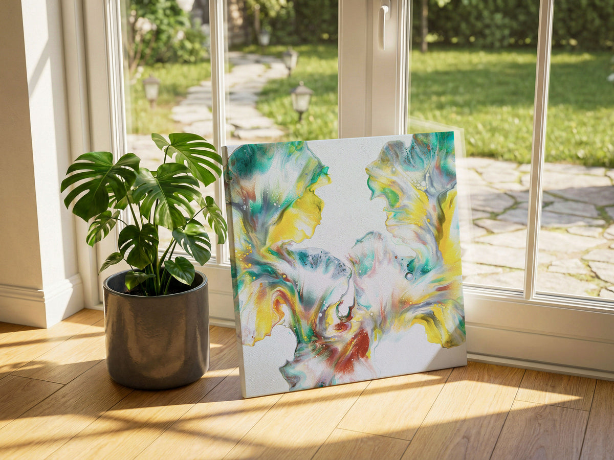 Angle view of First Daffodils of Spring, an original fluid painting by Abby May, shown in a room leaning by a window, with the canvas edge visible.