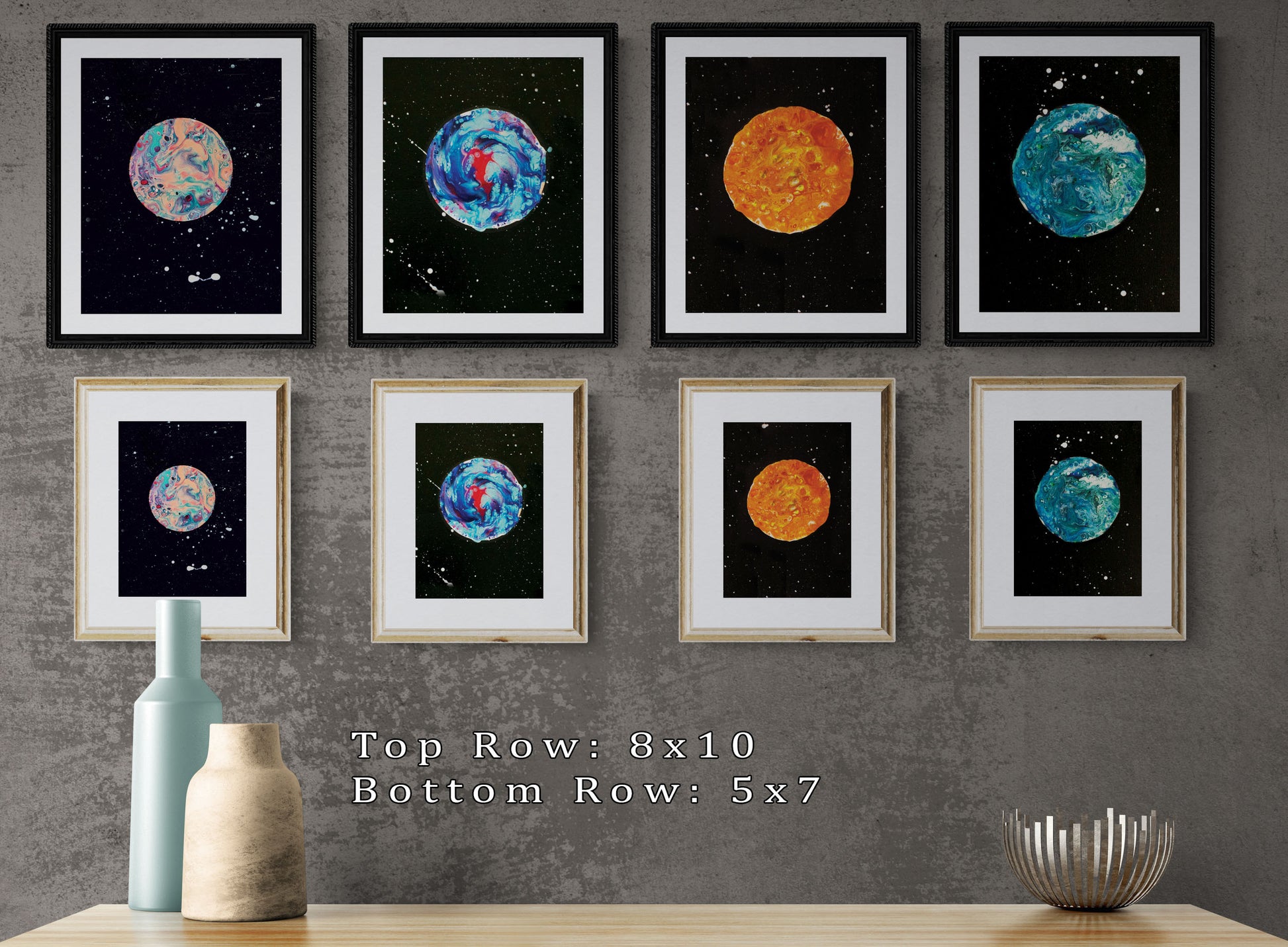 Comparison image of the In Her Orbit print collection displayed in two sizes. Top row shows four 8x10 moon art prints, bottom row shows the same four prints in 5x7, styled against a gray wall with vases and a silver bowl.