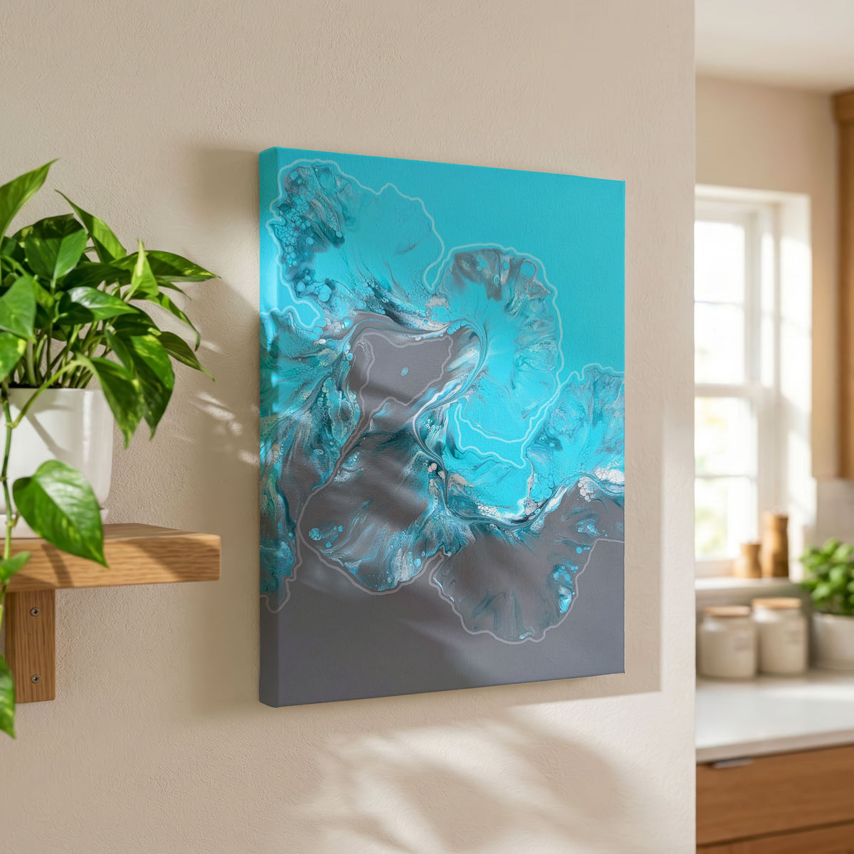 Glacier, an original fluid painting by Abby May, shown in a room while it is hung on the wall.