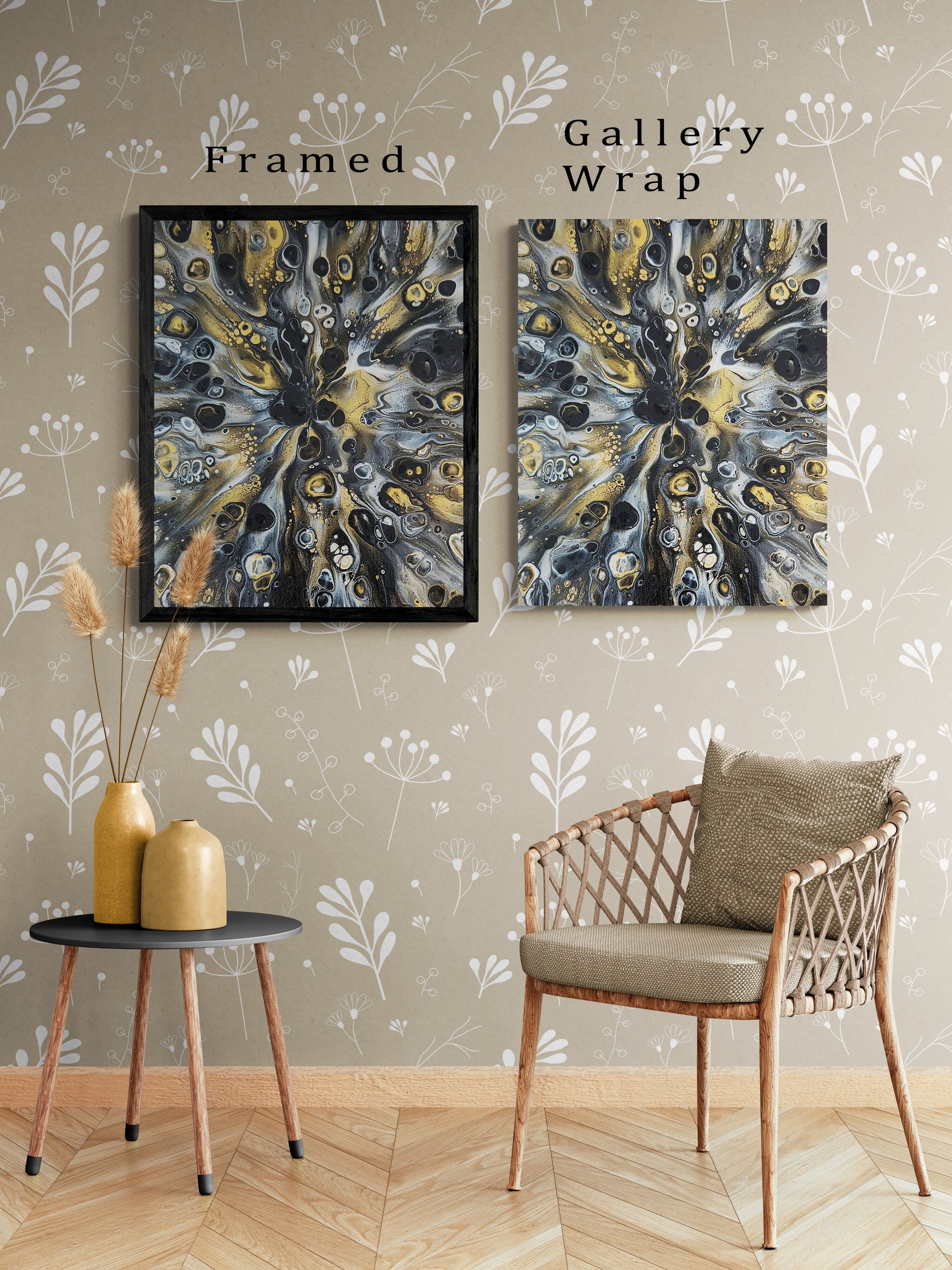 Side-by-side comparison showing a black-framed abstract fluid art print and a gallery-wrapped canvas version, displayed against a neutral wall with floral wallpaper and natural wood furniture.