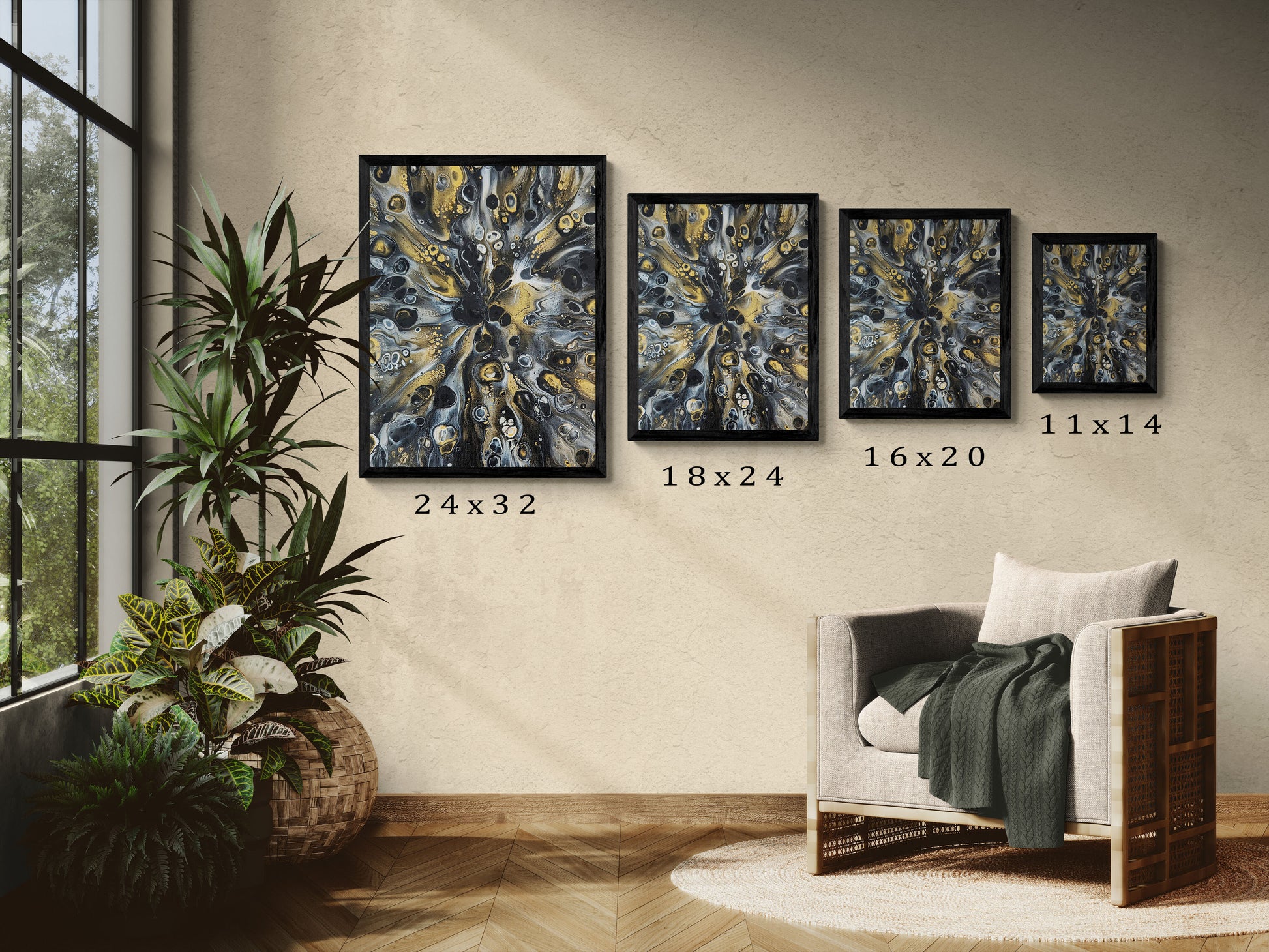 Abstract fluid art prints in four black-framed sizes—24x32, 18x24, 16x20, and 11x14—displayed on a beige wall beside a large window and indoor plants.
