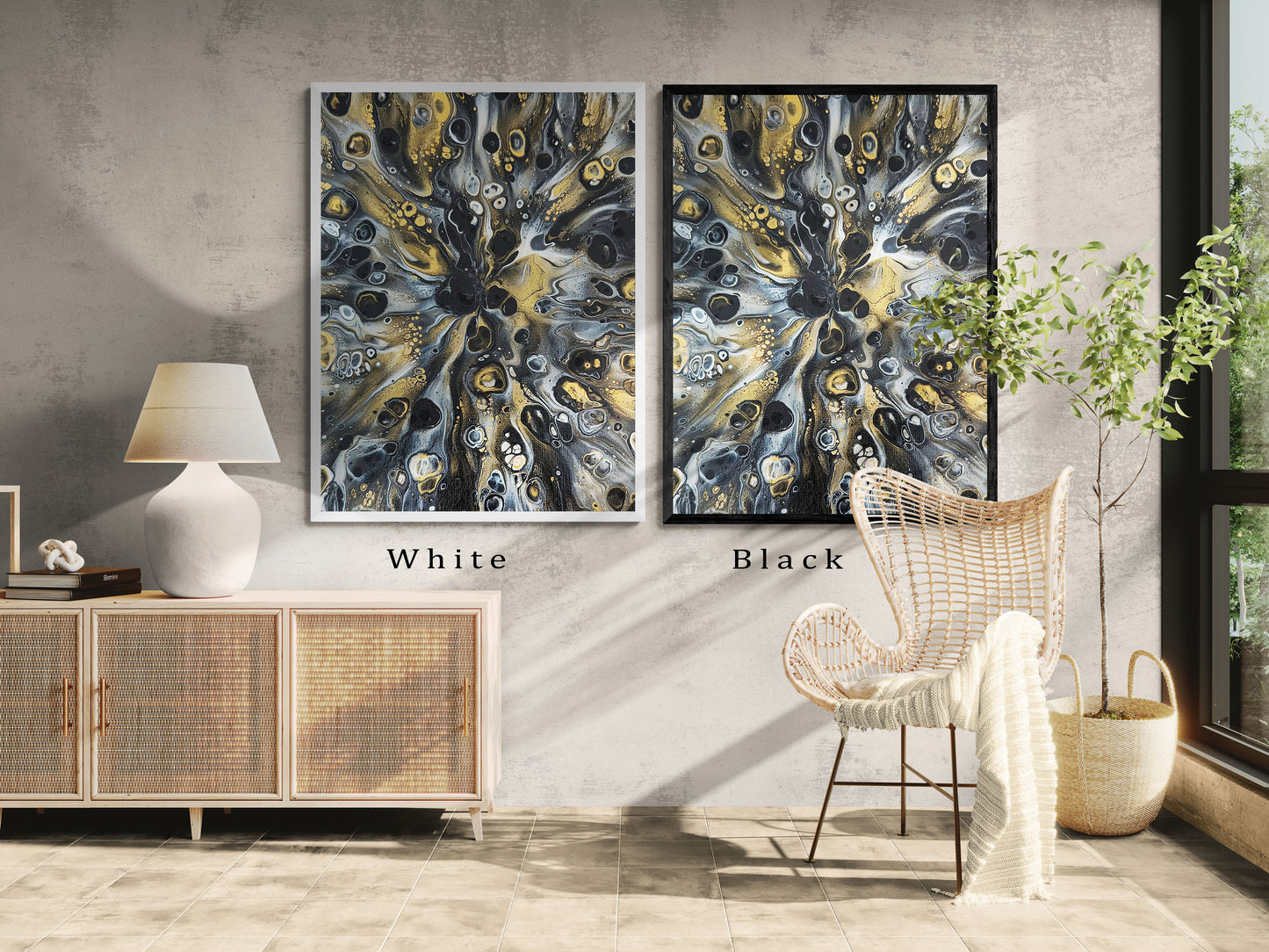 Two framed prints of Glamorous by Abby May side by side above a rattan credenza — one in a white frame, one in black. The artwork’s golden and smoky tones radiate dramatically against the modern neutral décor.