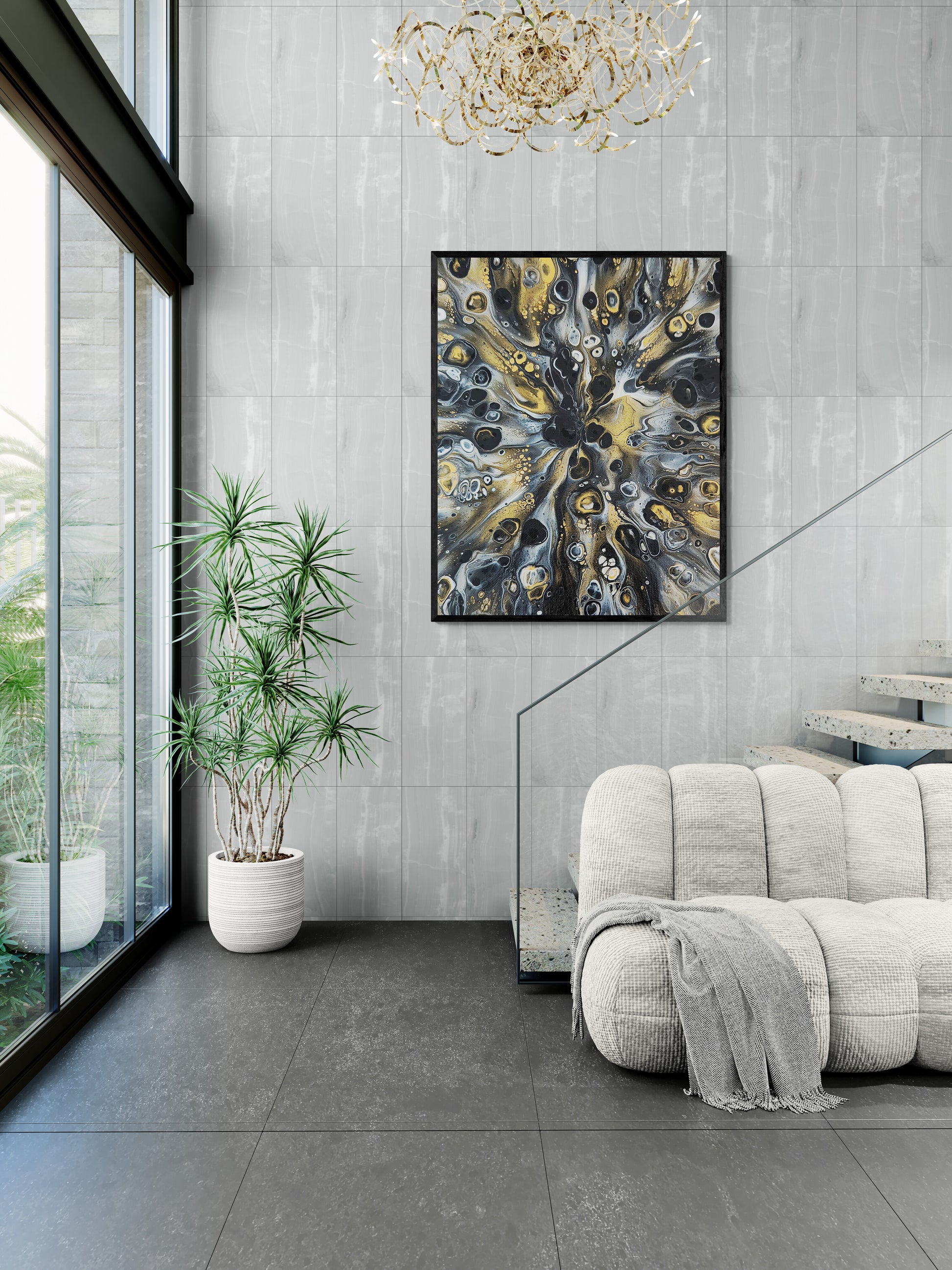 Framed Glamorous painting by Abby May displayed in a bright modern living space with a soft gray couch, indoor plants, and large windows. The gold and charcoal tones bring warmth and sophistication to the airy room.