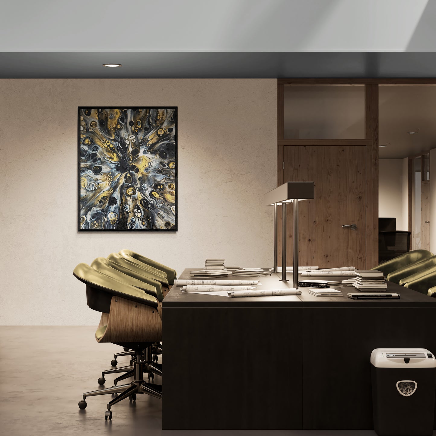 Abby May’s Glamorous framed abstract art hanging in a sleek modern office above a dark desk with olive green chairs, adding a bold touch of gold, black, and gray tones to the professional workspace.