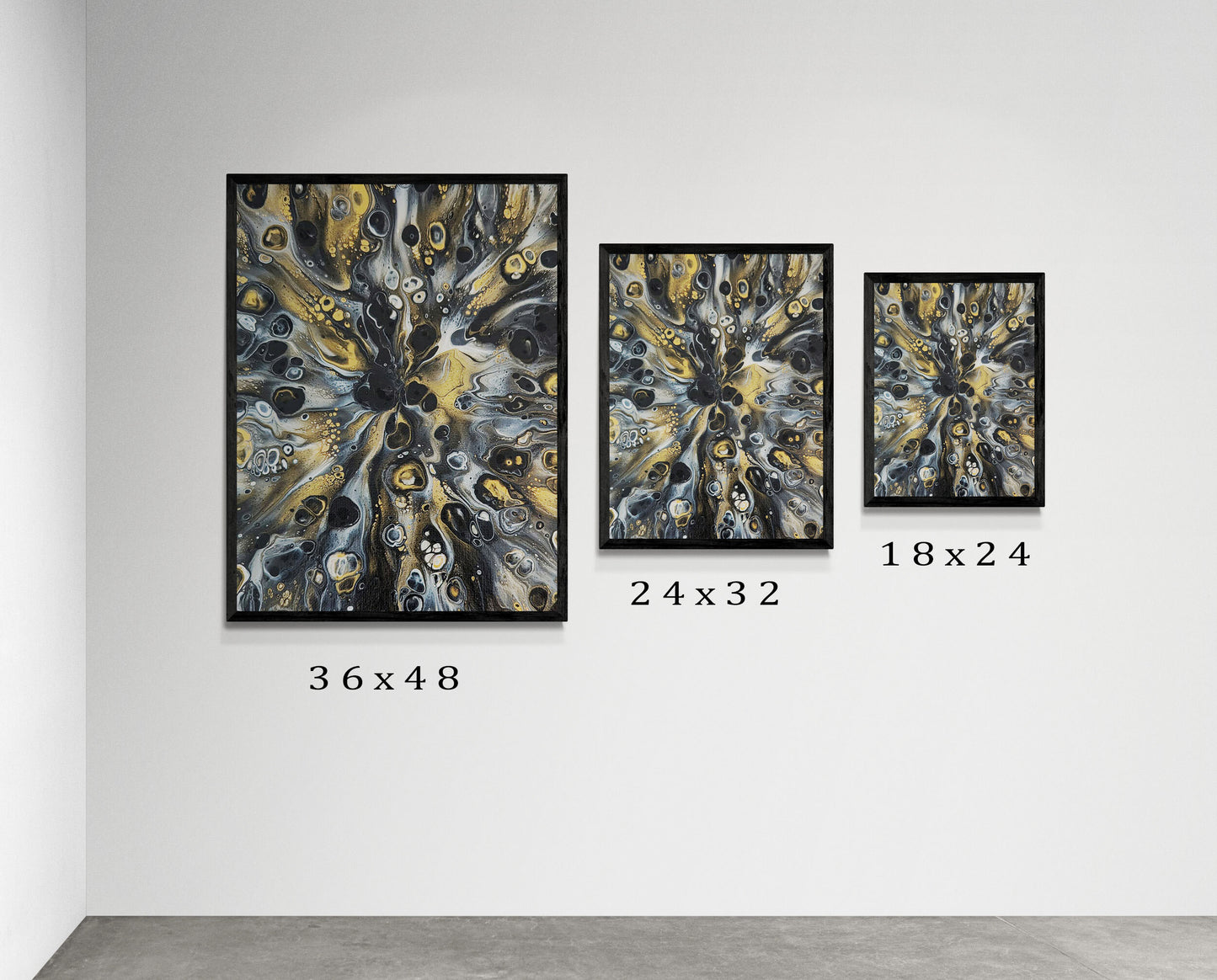 Three framed prints of Abby May’s abstract painting Glamorous displayed on a minimalist gallery wall, showing size options 36x48, 24x32, and 18x24. The piece features fluid black, gold, white, and gray swirls with organic cellular textures.