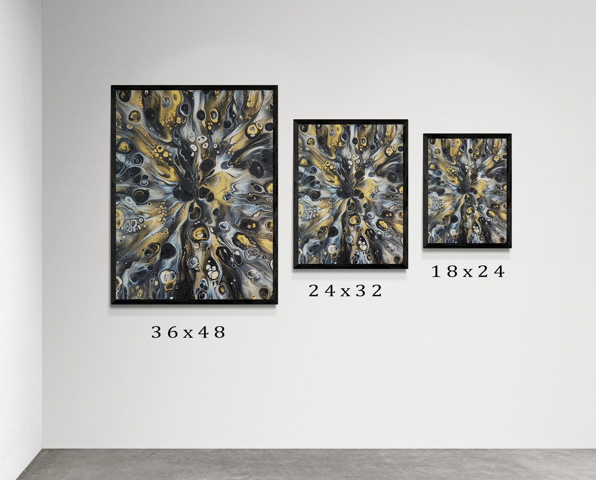 Three framed prints of Abby May’s abstract painting Glamorous displayed on a minimalist gallery wall, showing size options 36x48, 24x32, and 18x24. The piece features fluid black, gold, white, and gray swirls with organic cellular textures.