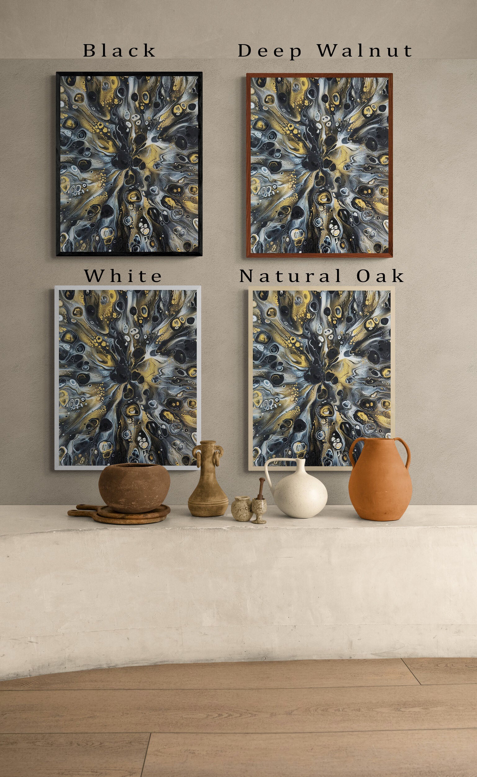 Abstract fluid art prints shown in four frame colors—black, deep walnut, white, and natural oak—displayed above a ledge with rustic ceramic vases