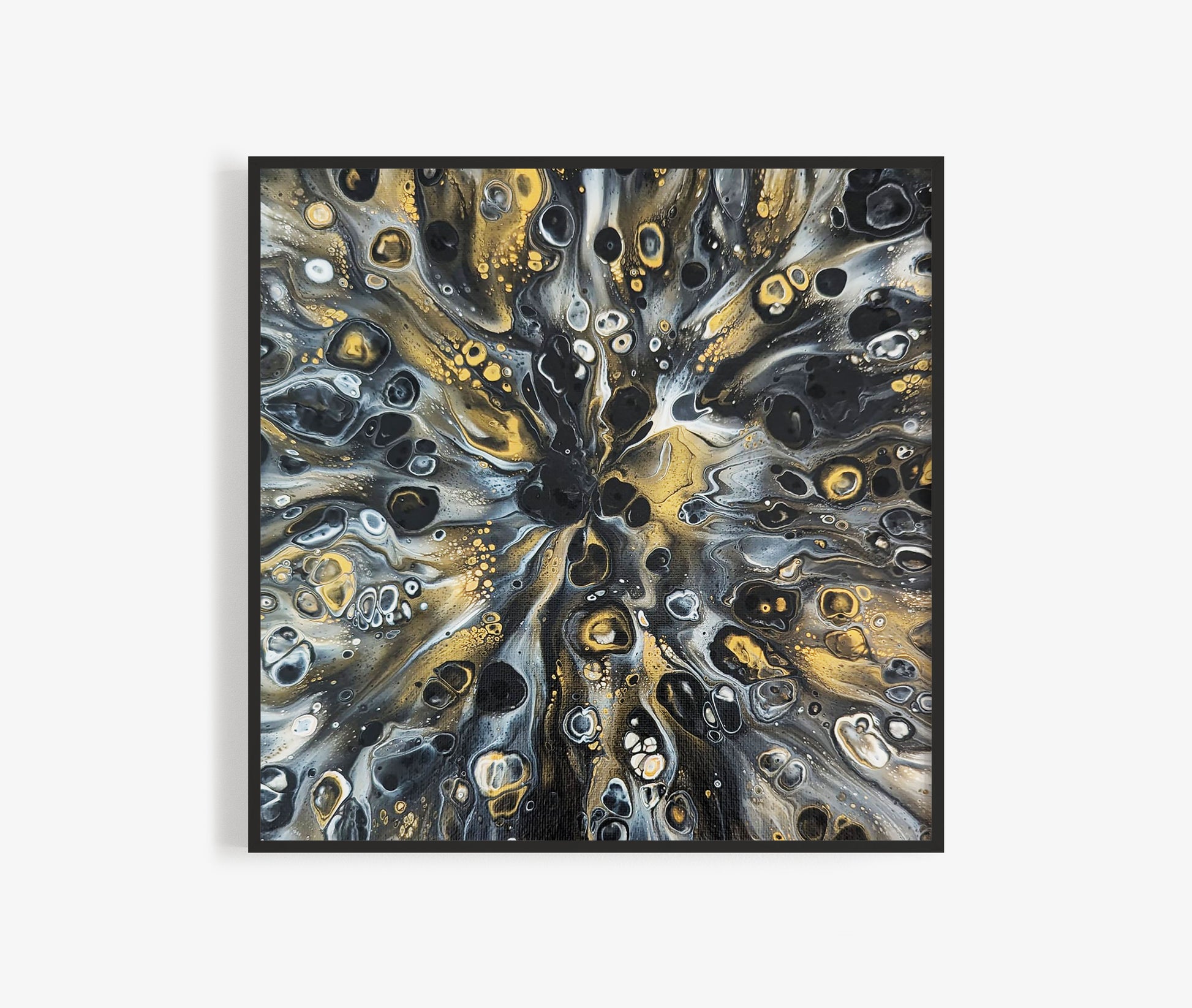 Abstract fluid painting 'Glamorous' by Abby May Art, featuring shimmering gold, black, and white and cream accents with flowing movement.