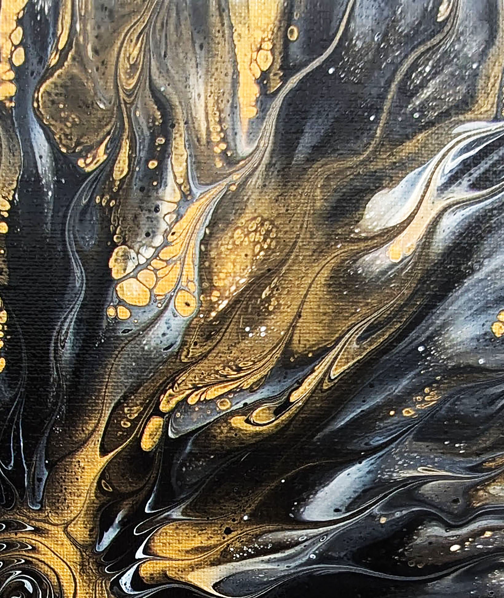 Detail from Abby May’s Glitz painting highlighting metallic gold ribbons and smoky gray flows that melt into dark black tones, creating a luminous abstract effect.