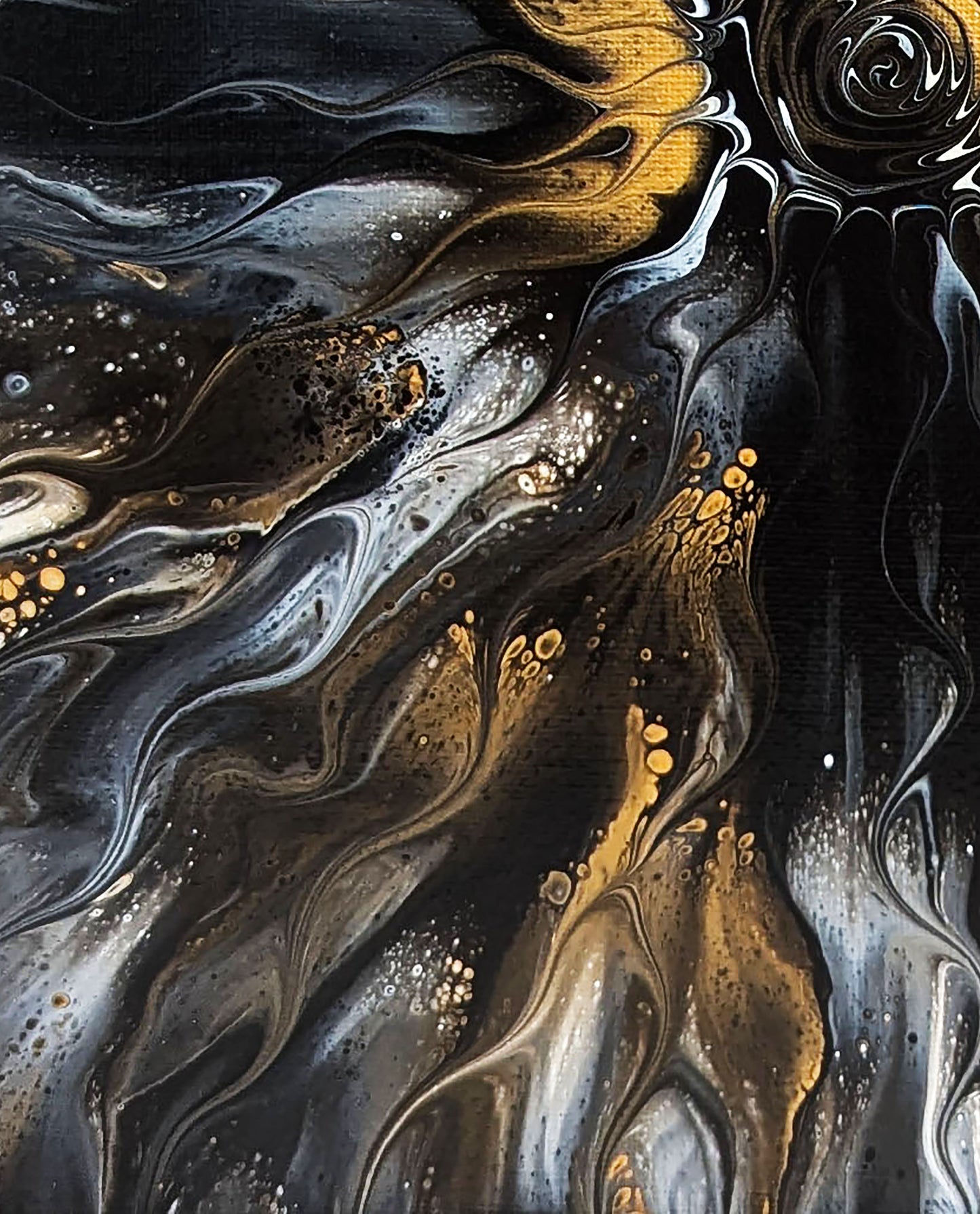 Macro view of Glitz by Abby May, featuring soft gold veining and silver-gray gradients blending over rich black, evoking movement and light reflection.