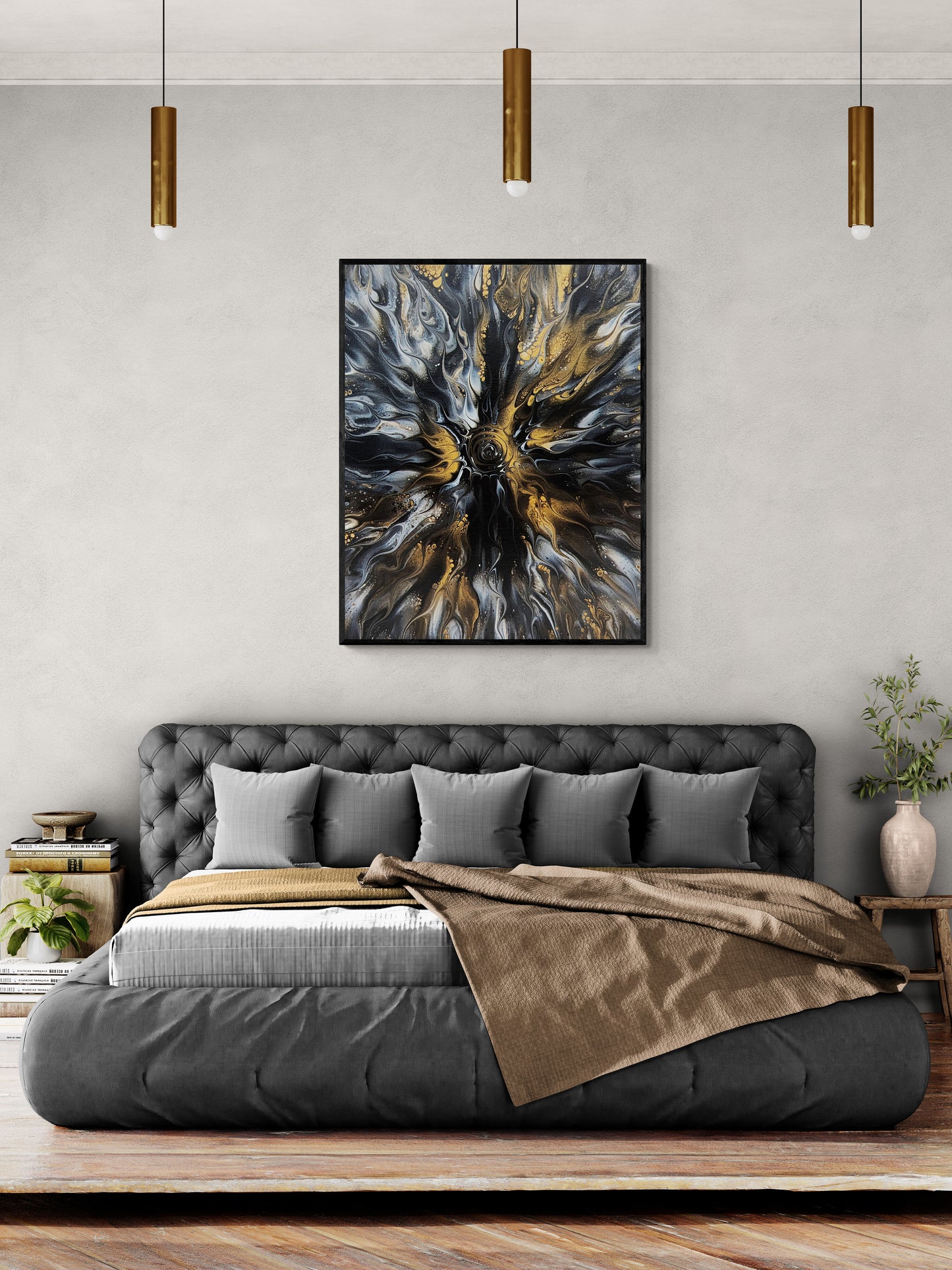 Framed Glitz painting by Abby May above a dark tufted bed in a contemporary bedroom. The gold and charcoal tones of the artwork complement the room’s luxurious neutrals