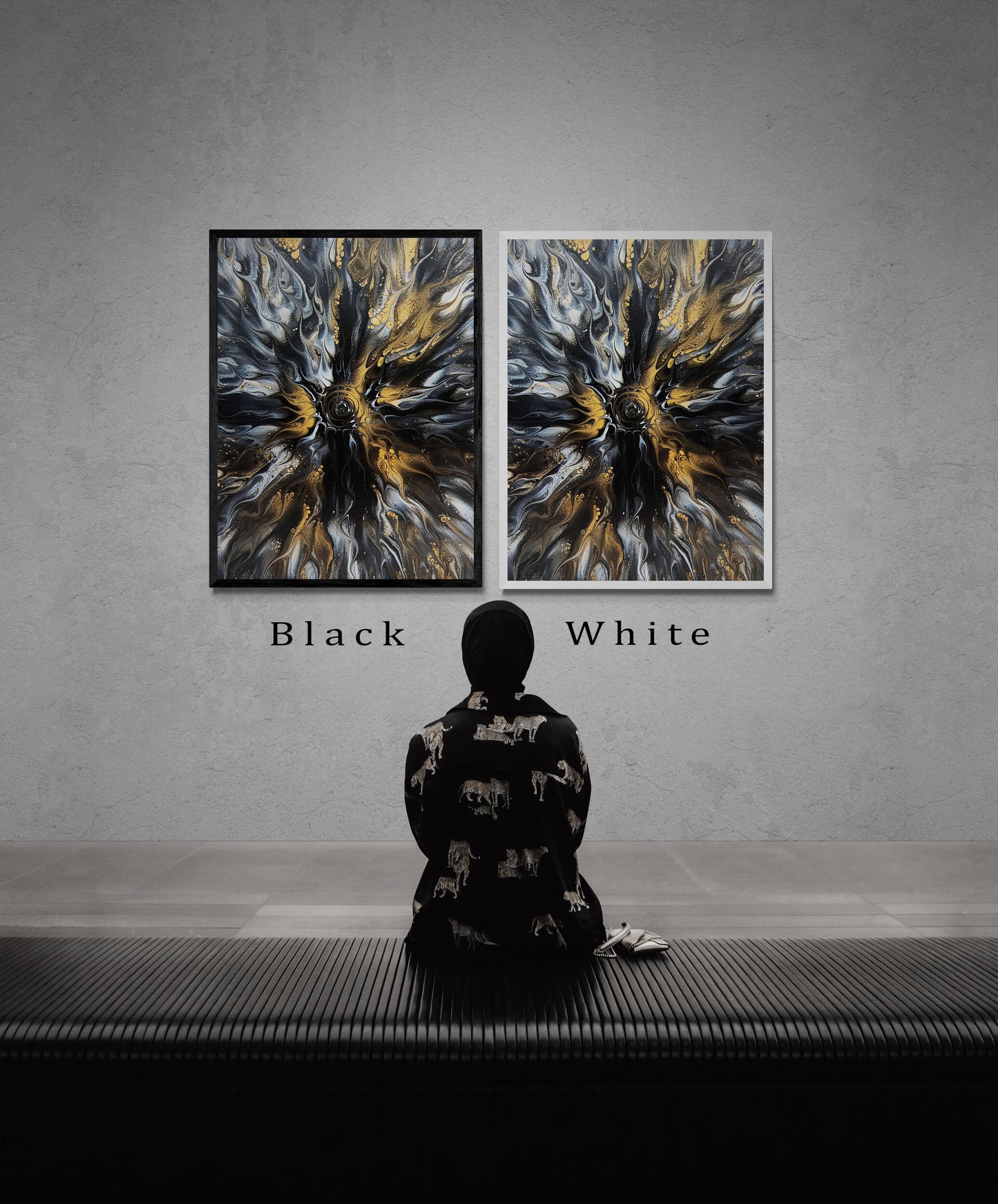 Framed prints of Abby May’s Glitz painting side by side in white and black frames. The piece’s metallic golds and cool grays shimmer against a minimalist neutral wall.